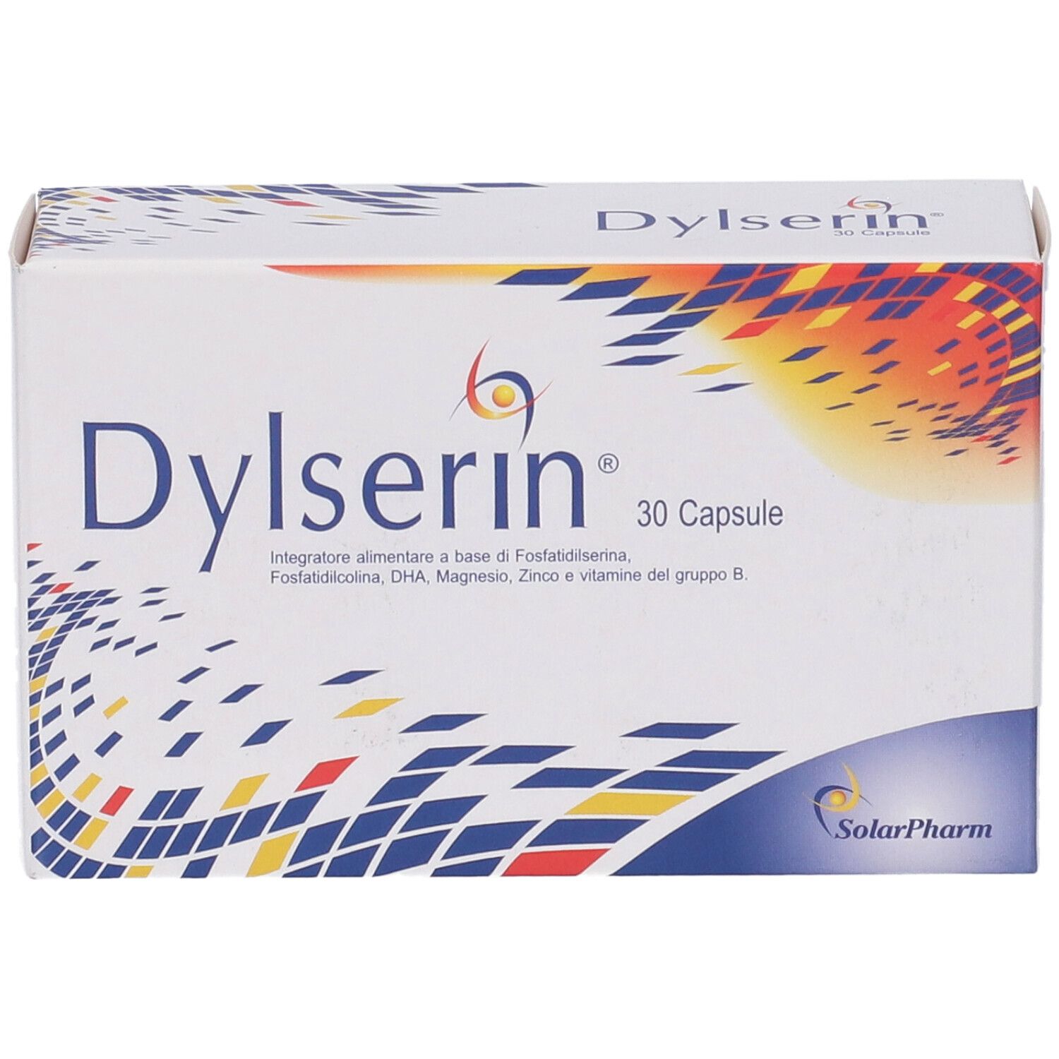 Scatola Dylserin. Nome del prodotto e 30 capsule. Logo SolarPharm. Elementi di design colorati.