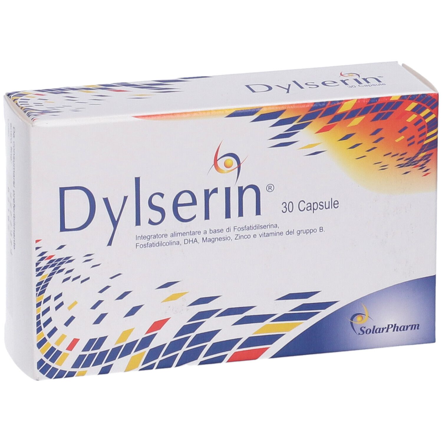 Scatola Dylserin. Nome del prodotto e 30 capsule. Logo SolarPharm. Elementi di design colorati.