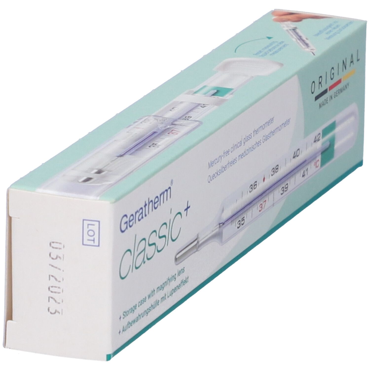 Confezione con termometro. Termometro medico in vetro senza mercurio. Con lente. Originale. Made in Germany. Scadenza 03/2023.