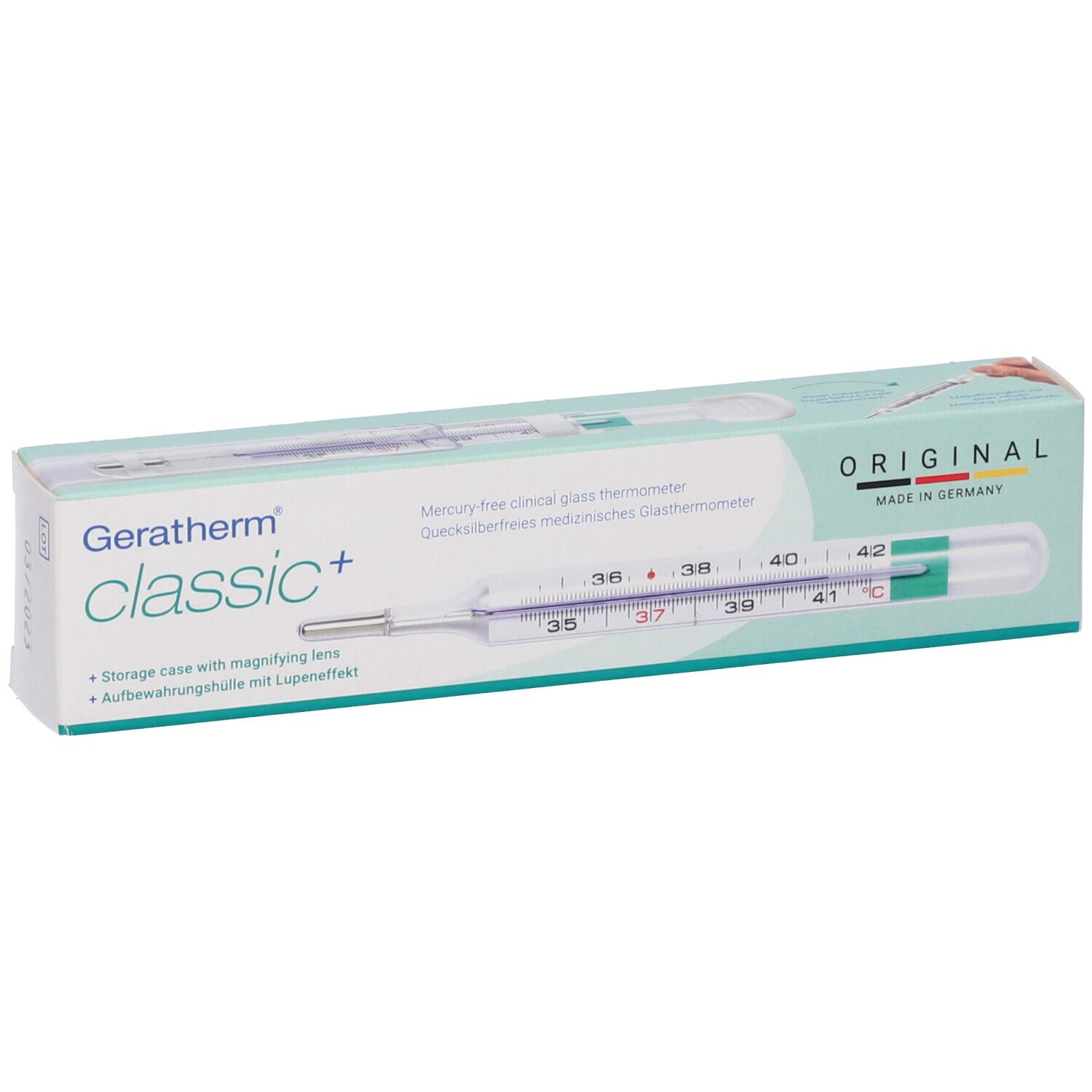 Termometro in confezione. Termometro medico in vetro senza mercurio. Con lente d'ingrandimento. Originale. Made in Germany.