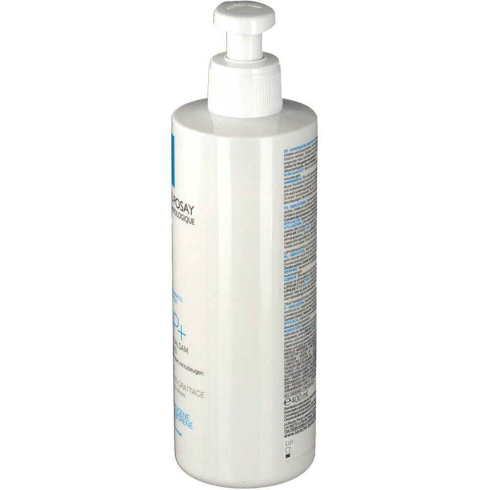 Flacone bianco con dosatore a pompa. Vista laterale. Testo e informazioni sul retro. Marchi blu.