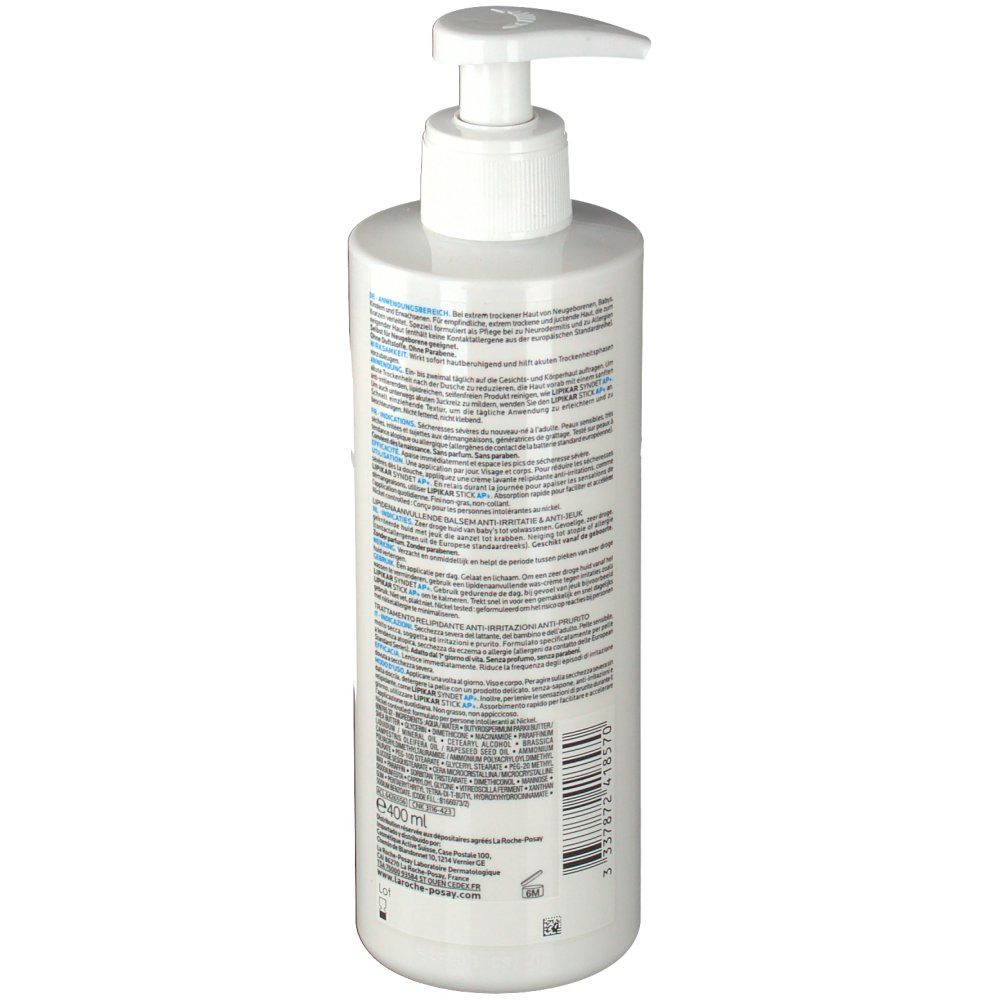 Flacone bianco con dosatore a pompa. Vista posteriore con testo. Marchi blu. Testo: 400 ml.