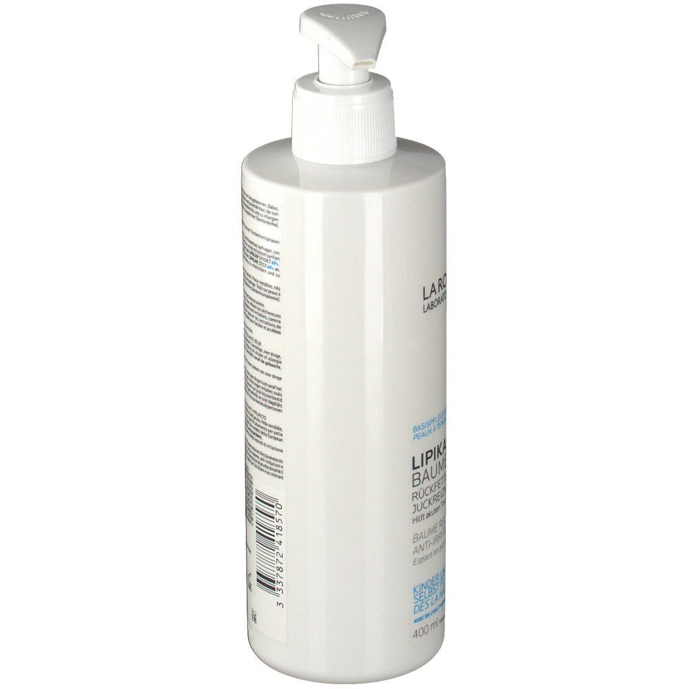 Flacone bianco con dosatore a pompa. Vista posteriore con testo. Marchi blu. Testo: 400 ml.