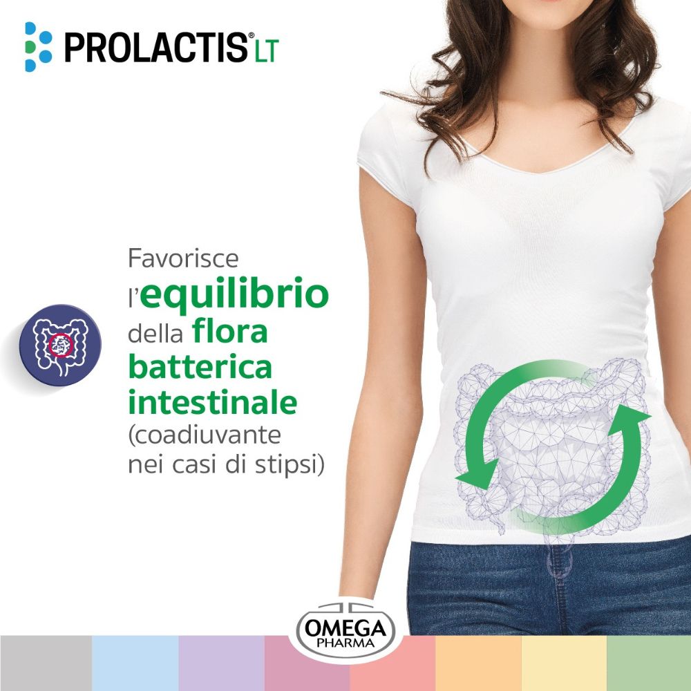 Grafica di una donna con illustrazione dell'intestino. Testo: Favorisce l'equilibrio della flora batterica intestinale. Omega Pharma.