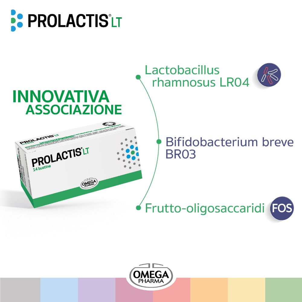 Confezione PROLACTIS® LT con 14 bustine. Illustrazioni degli ingredienti: Lactobacillus rhamnosus LR04, Bifidobacterium breve BR03.