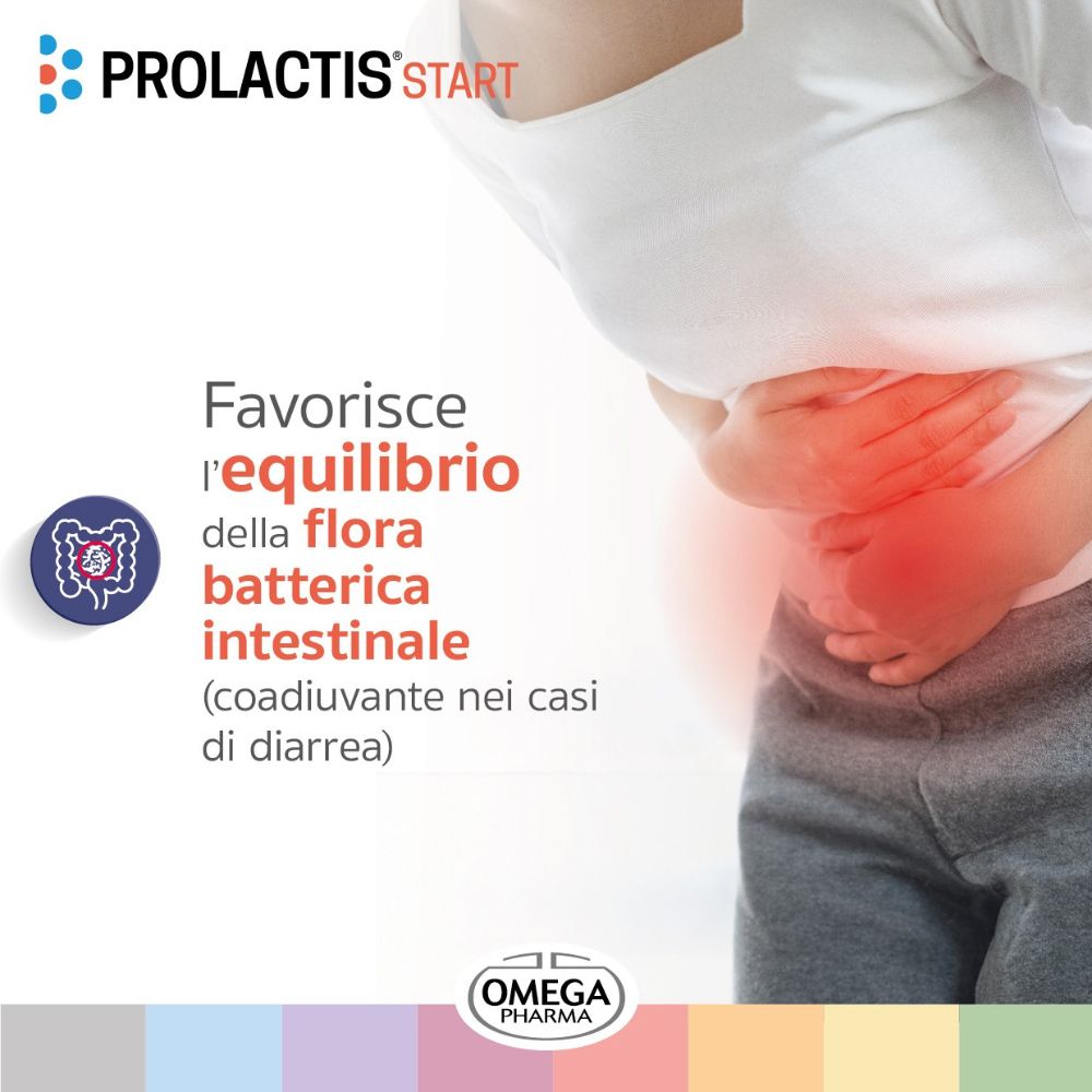 Persona si tiene la pancia. Testo: Favorisce l'equilibrio della flora batterica intestinale. Logo Omega Pharma. Logo PROLACTIS START.
