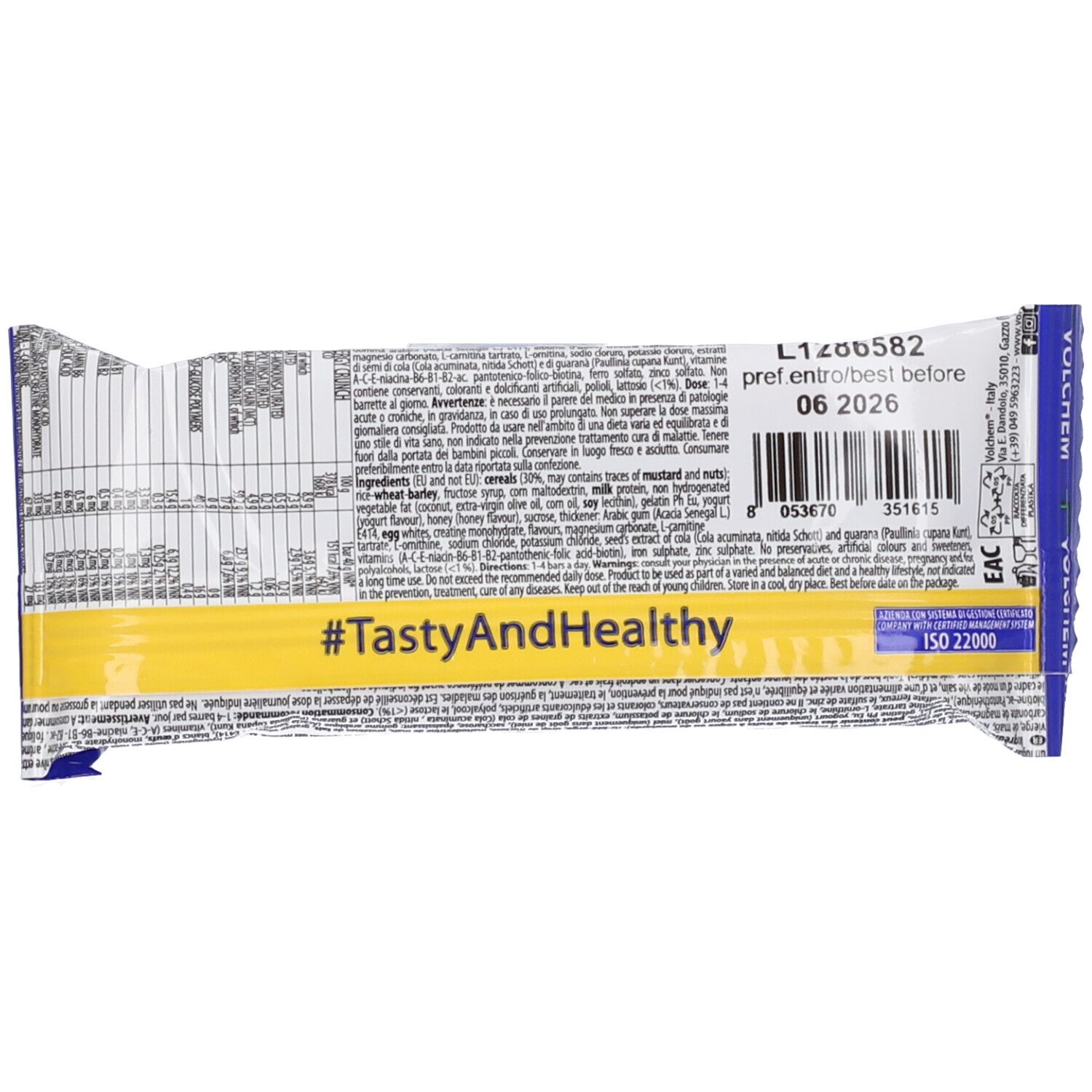 Retro della confezione della barretta energetica. Contiene testo, codice a barre e #TastyAndHealthy. Certificazione ISO 22000.