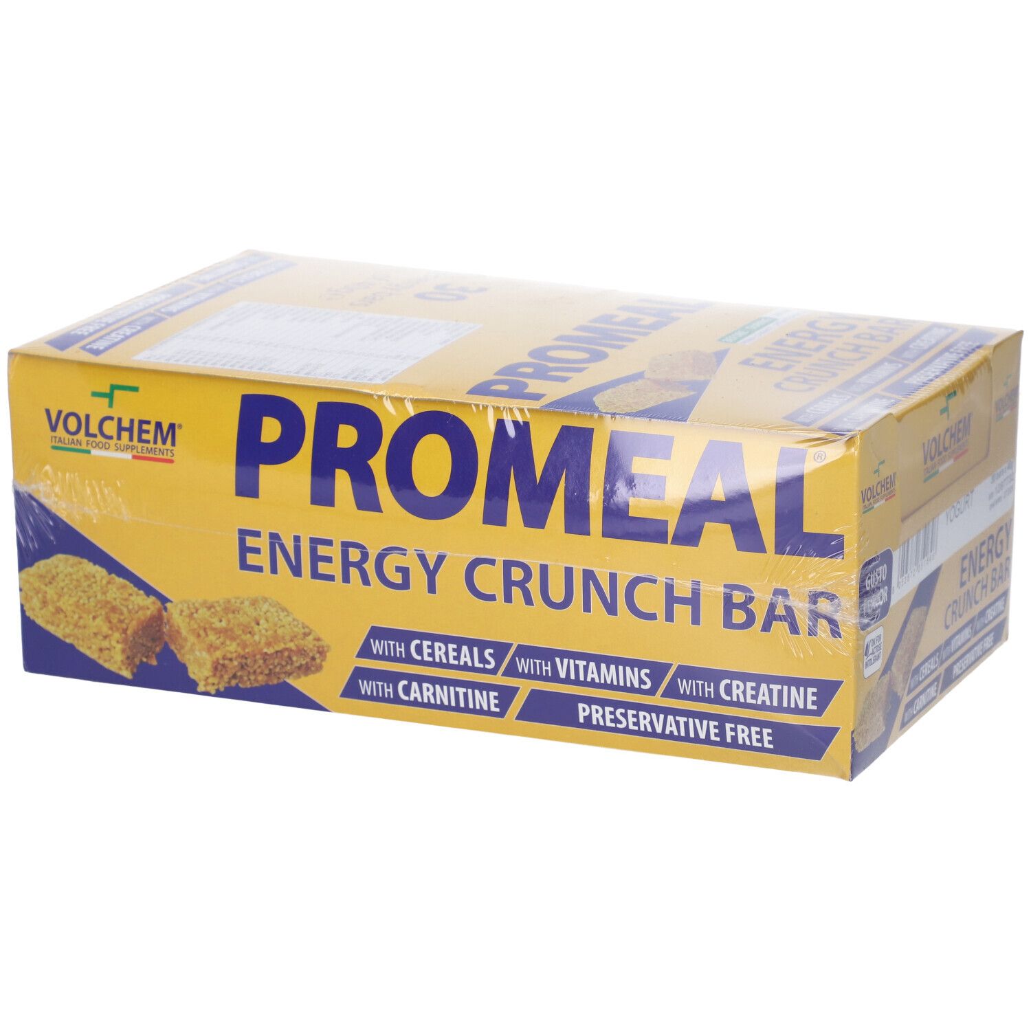 Confezione gialla Promeal Energy Crunch Bar. Contiene cereali, vitamine, creatina, carnitina. Gusto yogurt. Imballaggio trasparente.