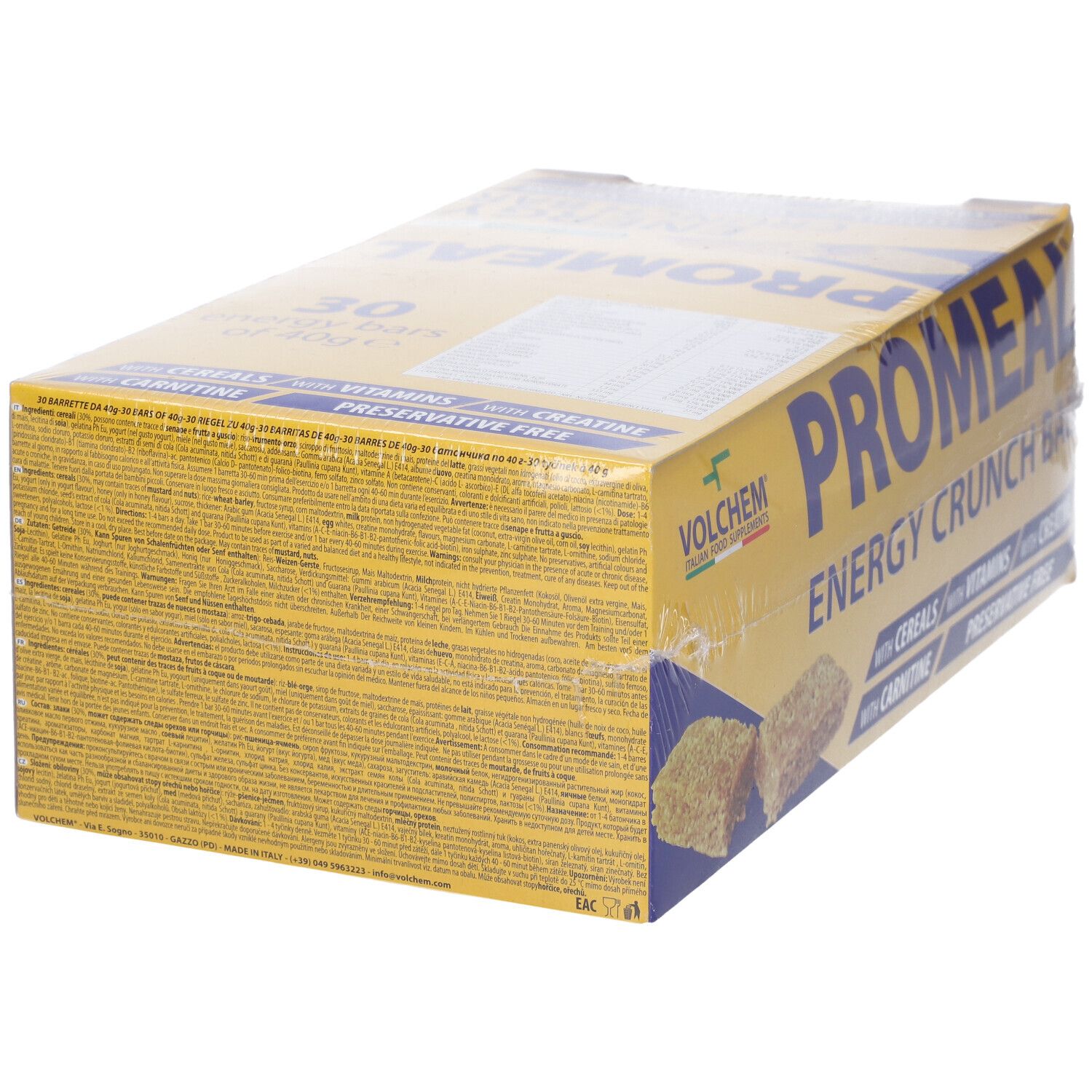 Confezione gialla Promeal Energy Crunch Bar. Contiene cereali, vitamine, creatina, carnitina. Retro con testo. Imballaggio trasparente.