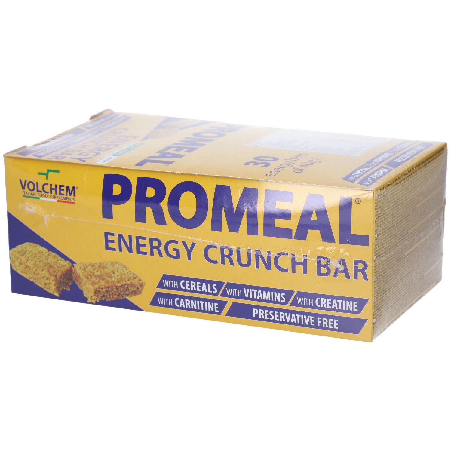 Confezione gialla Promeal Energy Crunch Bar. Contiene cereali, vitamine, creatina, carnitina. 30 barrette. Imballaggio trasparente.