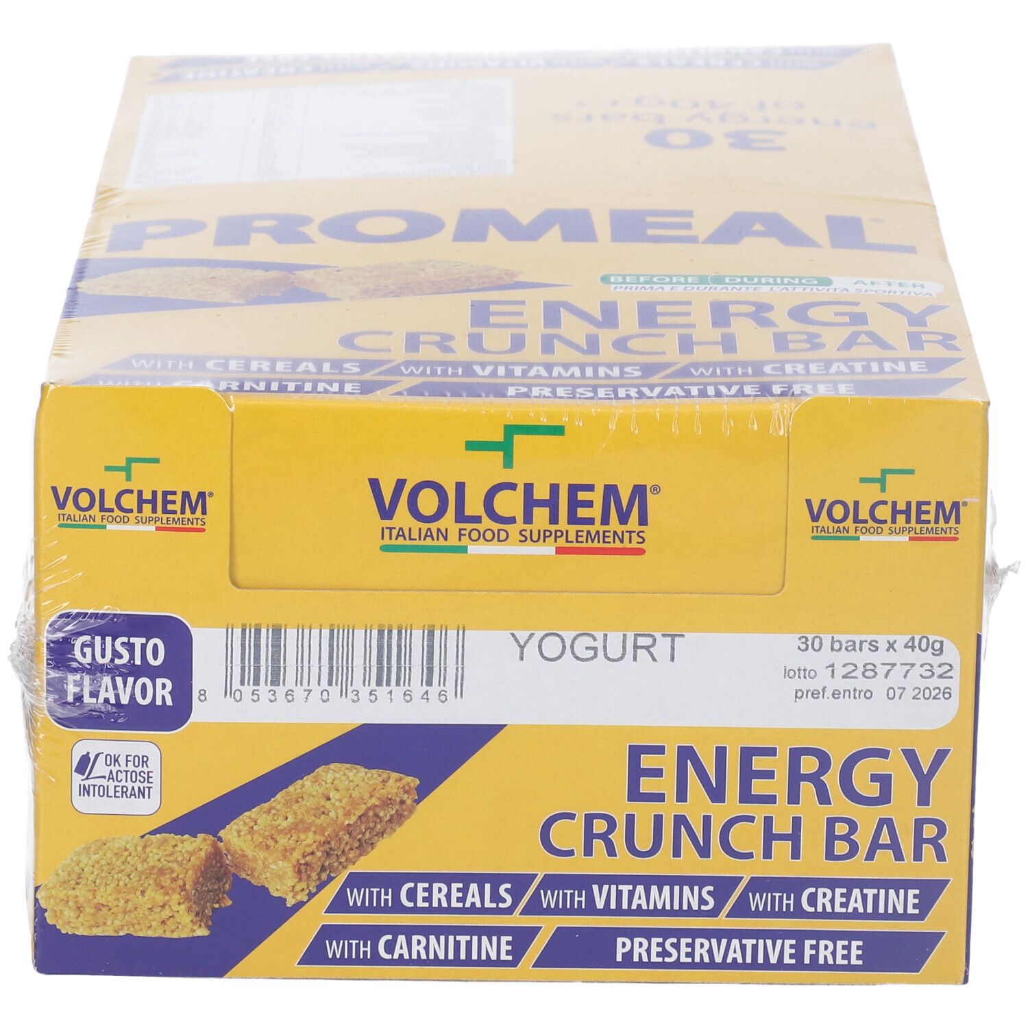 Confezione gialla Promeal Energy Crunch Bar. Contiene cereali, vitamine, creatina, carnitina. Gusto yogurt. 30 barrette. Imballaggio trasparente.