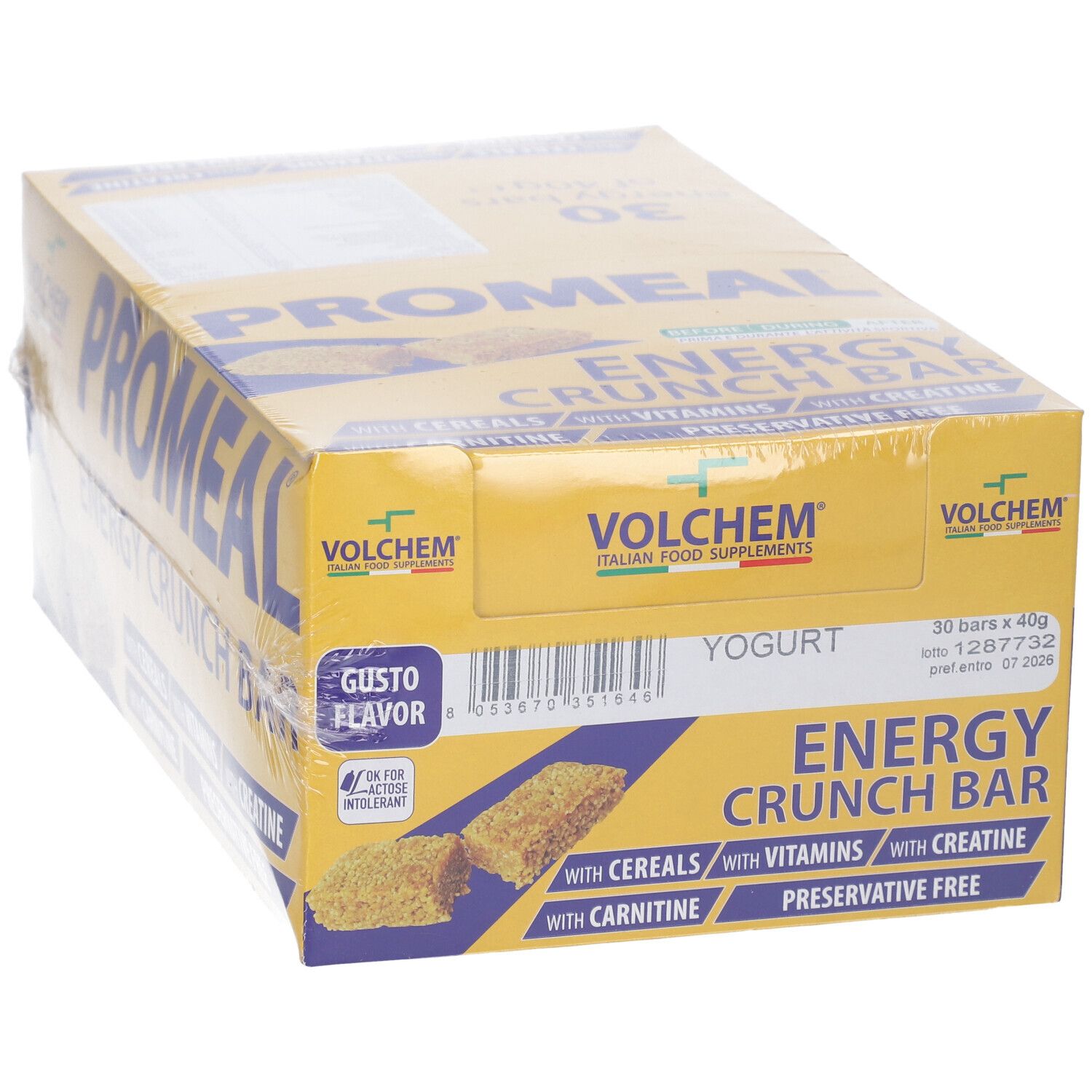 Confezione gialla Promeal Energy Crunch Bar. Contiene cereali, vitamine, creatina, carnitina. Gusto yogurt. 30 barrette. Imballaggio trasparente.