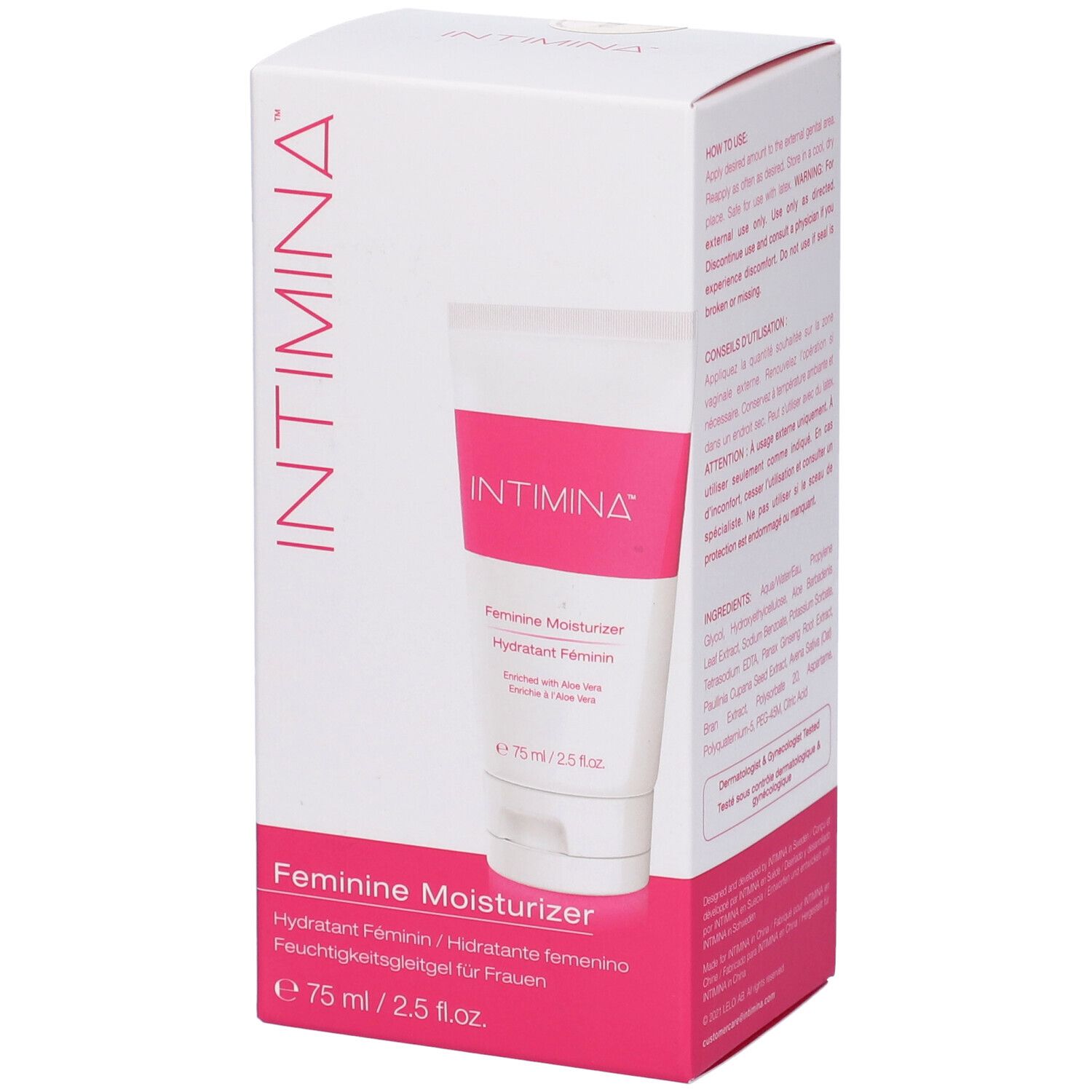 Confezione prodotto con tubo. "INTIMINA" e "Feminine Moisturizer". 75 ml/2.5 fl.oz. Testo e istruzioni.