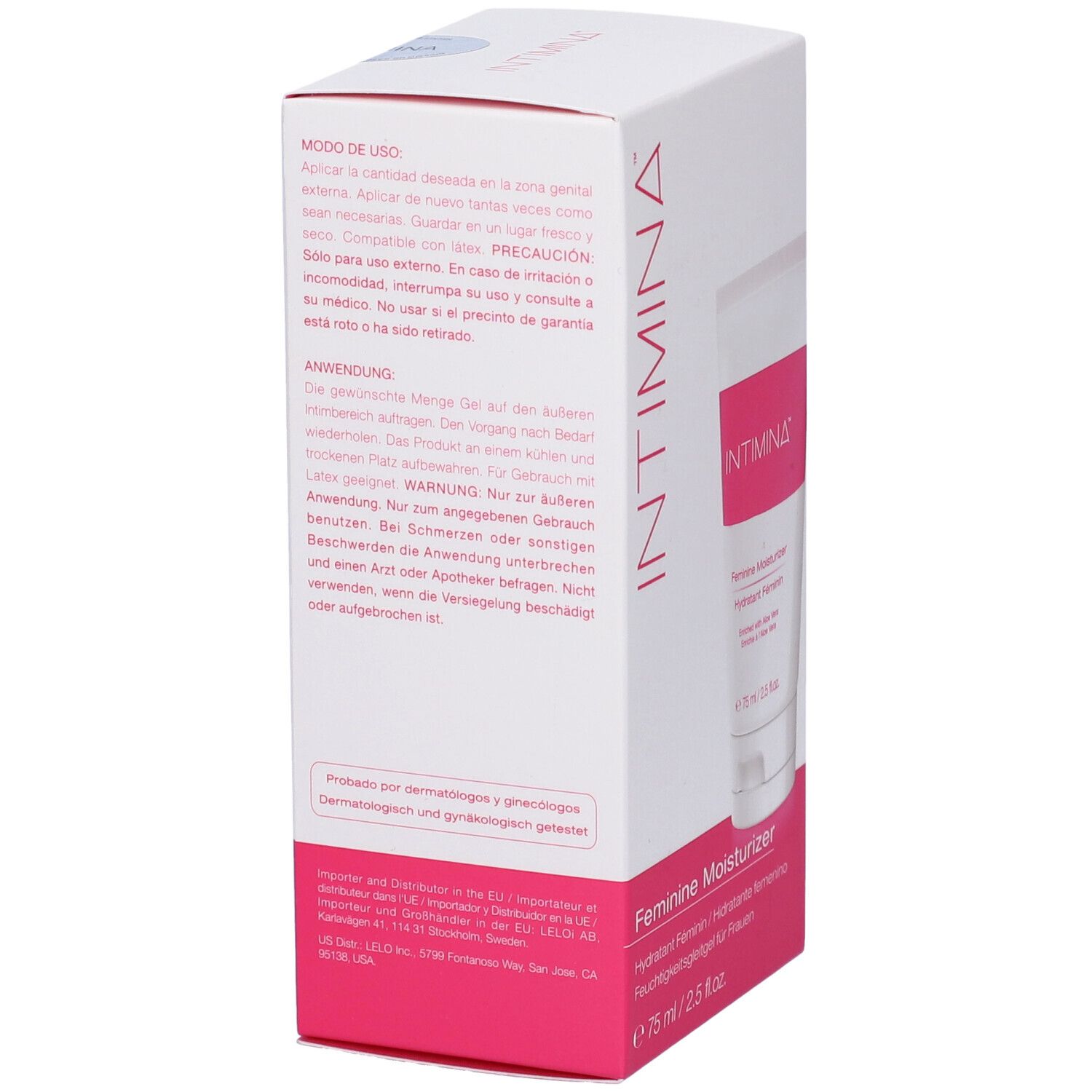 Retro della confezione del prodotto. "INTIMINA" e "Feminine Moisturizer". Testo e istruzioni.