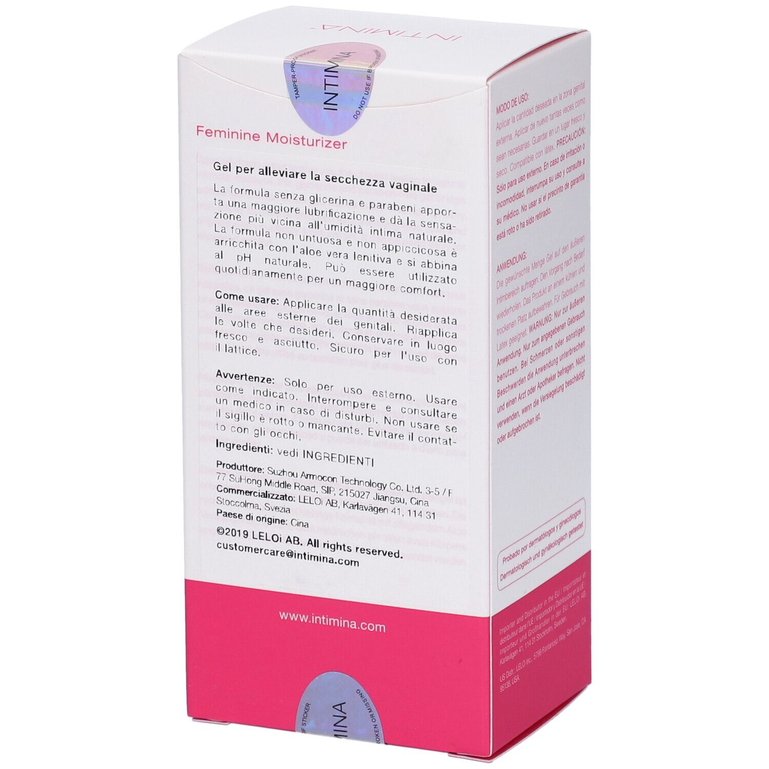 Retro della confezione del prodotto. "INTIMINA" e "Feminine Moisturizer". Testo, ingredienti e avvertenze.