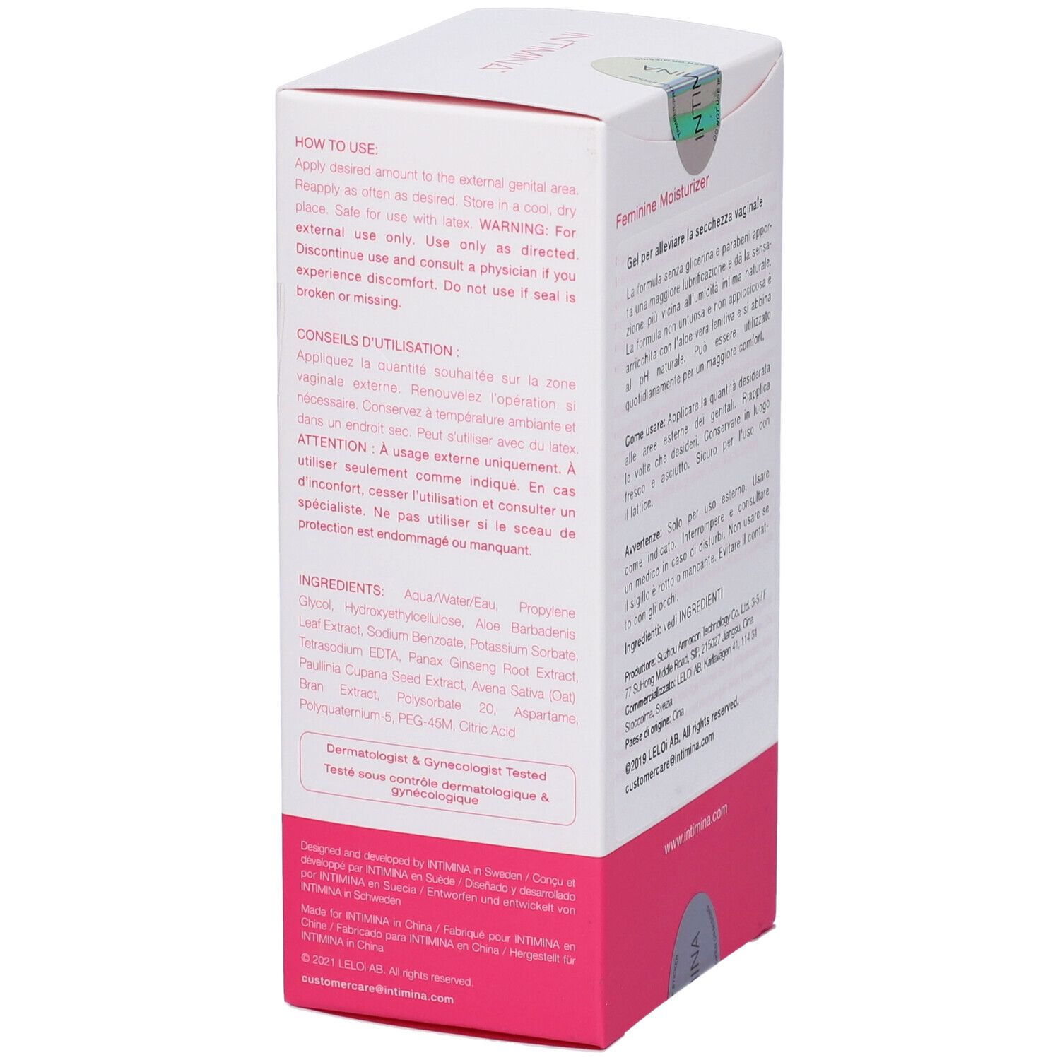 Retro della confezione del prodotto. "INTIMINA" e "Feminine Moisturizer". Testo, ingredienti e avvertenze.
