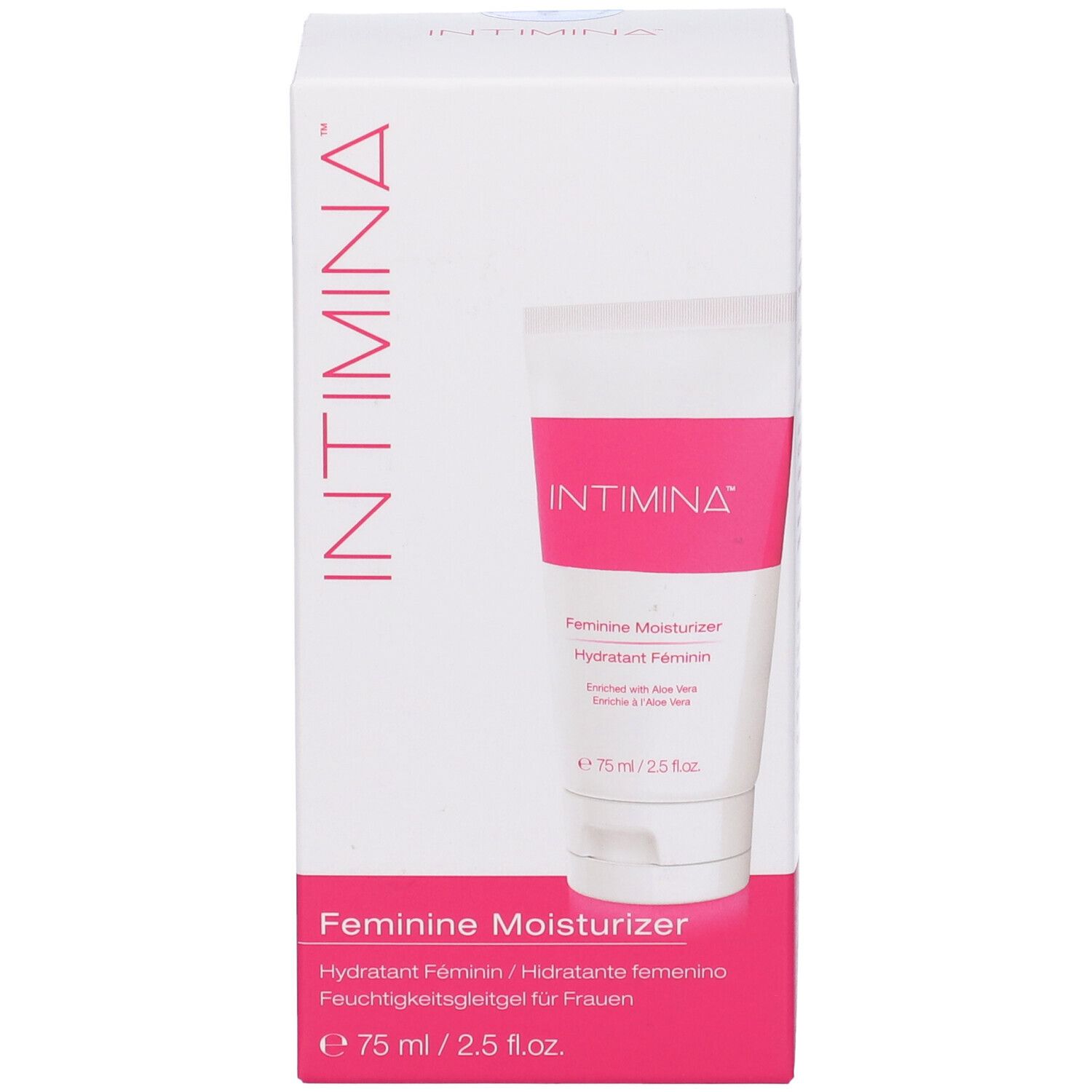 Confezione prodotto con tubo. "INTIMINA" e "Feminine Moisturizer". 75 ml/2.5 fl.oz. Testato dermatologicamente.