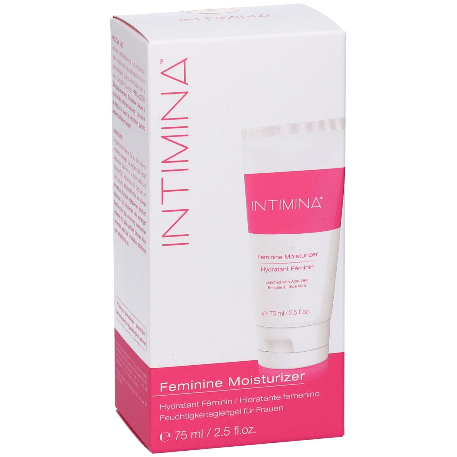 Confezione prodotto con tubo. "INTIMINA" e "Feminine Moisturizer". 75 ml/2.5 fl.oz. Testato dermatologicamente.