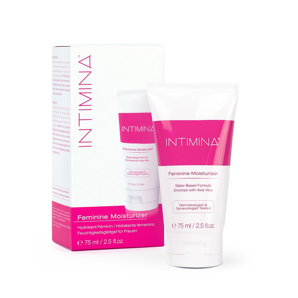 Confezione prodotto con tubo e scatola. "INTIMINA" e "Feminine Moisturizer". 75 ml/2.5 fl.oz. Testato dermatologicamente.