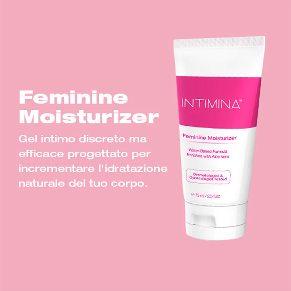 Sfondo rosa con tubo. "INTIMINA" e "Feminine Moisturizer". Testo sull'idratazione. Testato dermatologicamente.