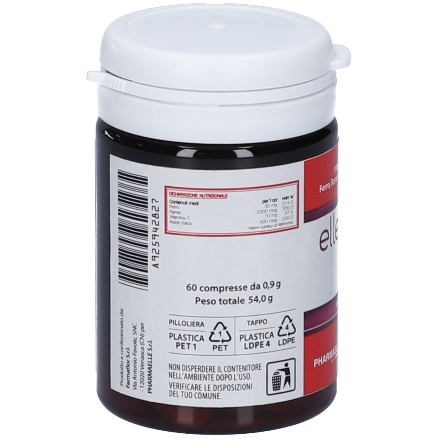 Retro del flacone di compresse. Contiene informazioni nutrizionali, ingredienti e produttore. Con simboli di riciclaggio e istruzioni per lo smaltimento.