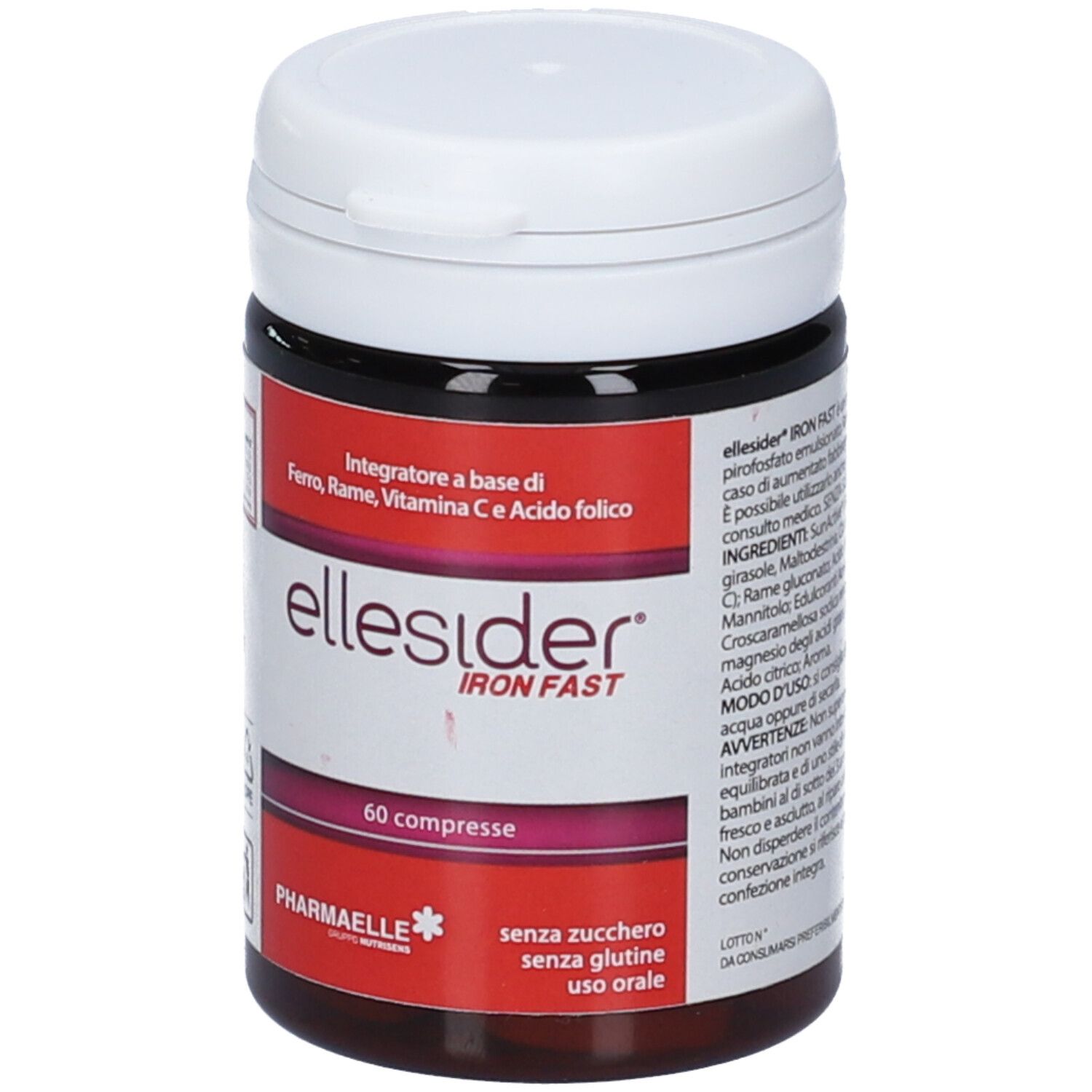 Flacone di compresse con coperchio bianco. Scritta: ellesider IRON FAST, 60 compresse. Contiene ferro, rame, vitamina C e acido folico. Lista ingredienti.