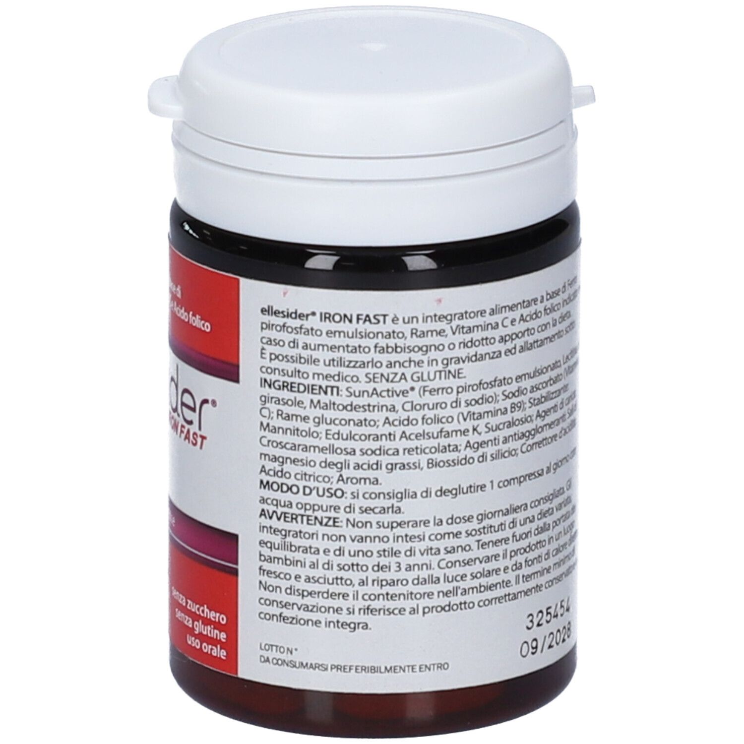 Vista dettagliata del flacone di compresse. Contiene informazioni su ingredienti, uso e avvertenze. Con data di scadenza.