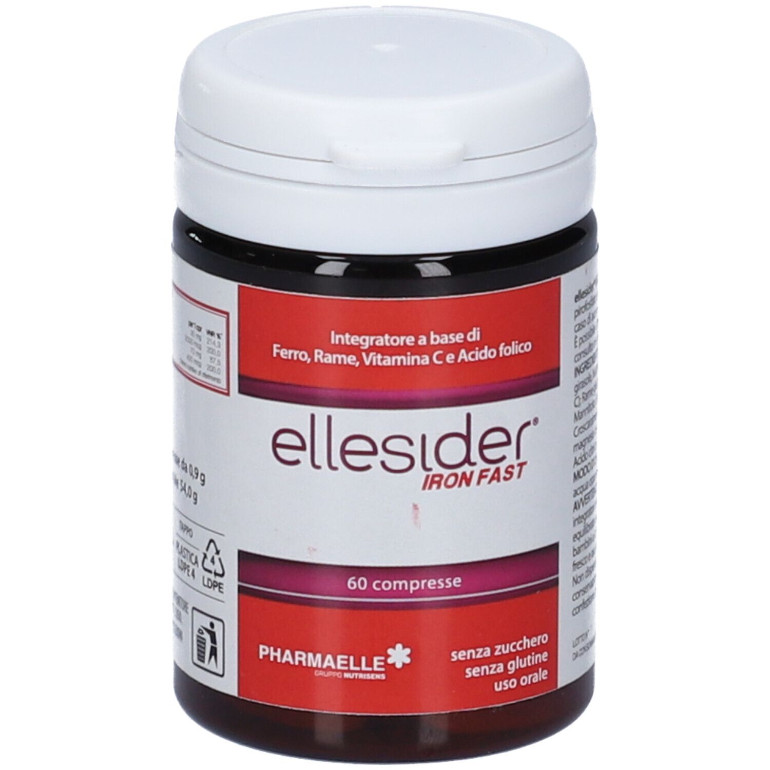 Flacone marrone di compresse con coperchio bianco. Scritta: ellesider IRON FAST, 60 compresse. Contiene ferro, rame, vitamina C e acido folico. Marchio Pharmaelle.
