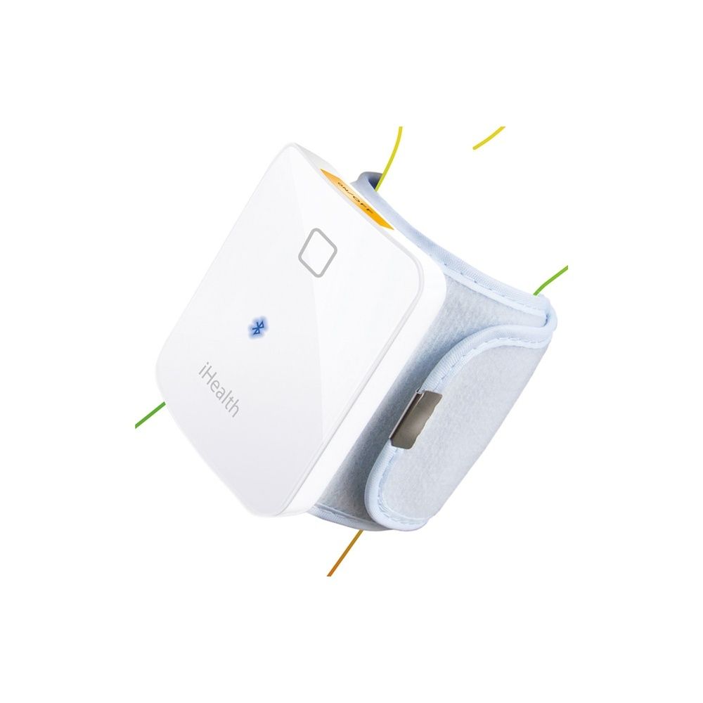 Misuratore di pressione da polso bianco con cinturino blu. Simbolo Bluetooth e logo iHealth visibili.