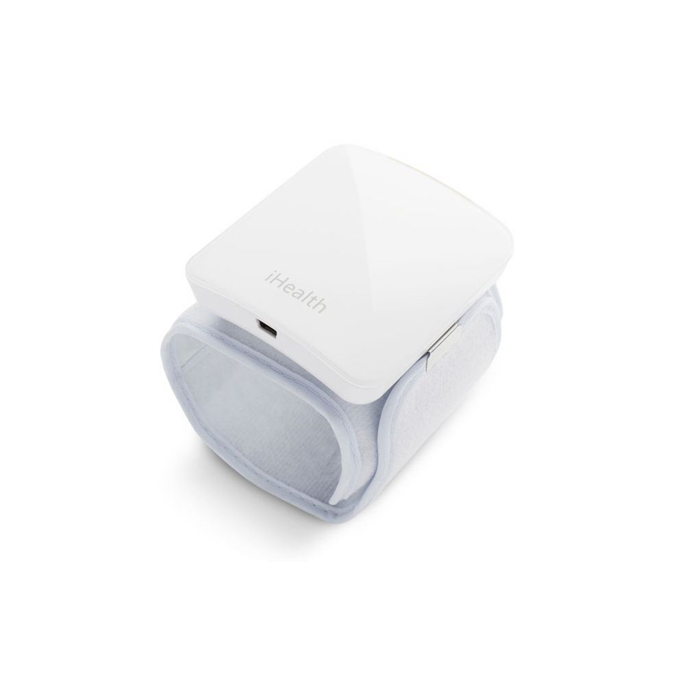 Misuratore di pressione da polso bianco con logo iHealth. Porta USB visibile.