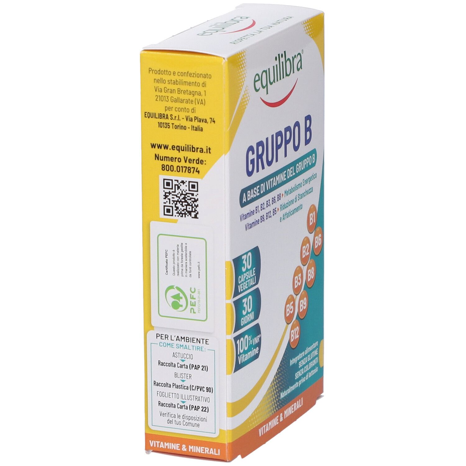 Vista laterale della scatola Equilibra® Gruppo B. Design giallo e bianco. Contiene informazioni sugli ingredienti e il produttore.