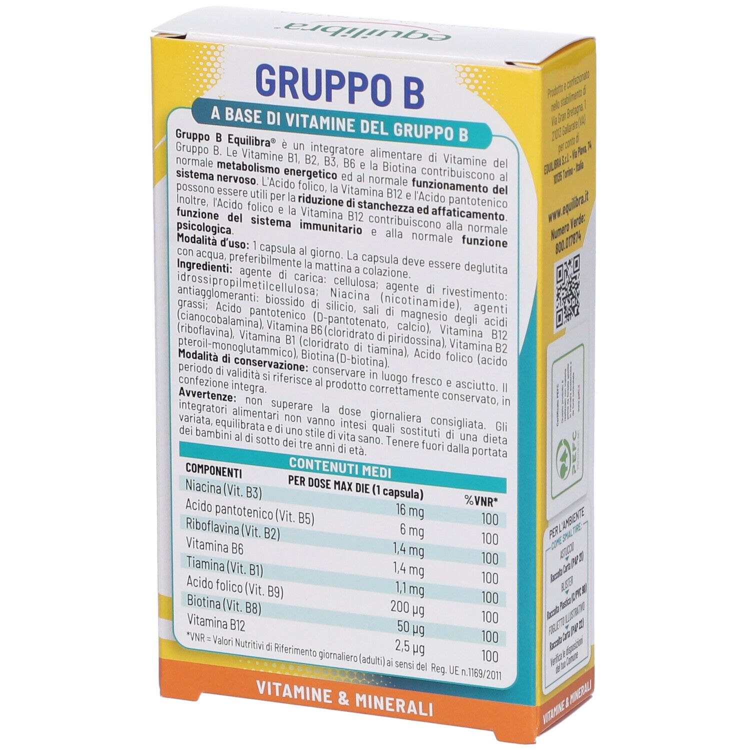 Retro della scatola Equilibra® Gruppo B. Contiene informazioni sugli ingredienti e i valori nutrizionali. Design giallo e bianco.