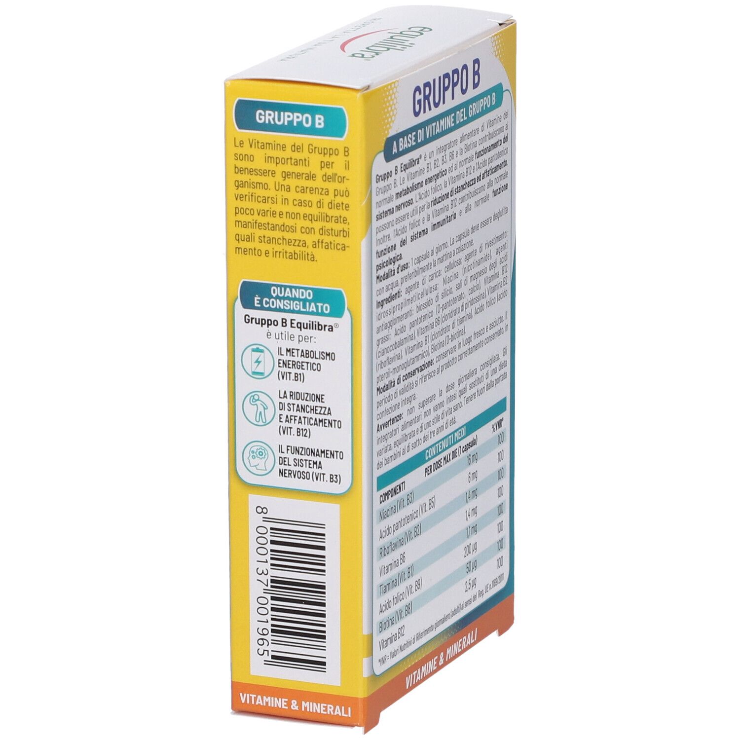 Vista laterale della scatola Equilibra® Gruppo B. Contiene informazioni sull'uso e gli ingredienti. Design giallo e bianco.