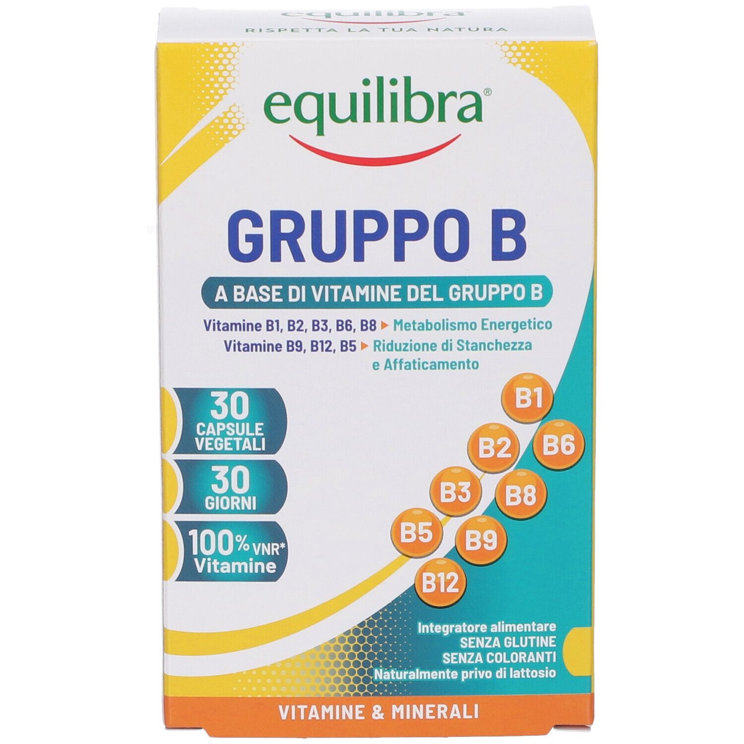Vista frontale della scatola Equilibra® Gruppo B. Contiene 30 capsule. Design giallo e bianco con nome prodotto e loghi.