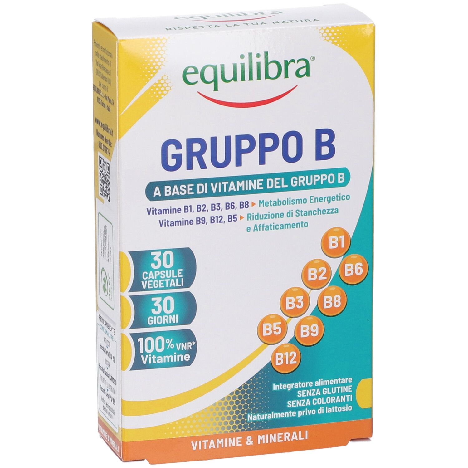 Vista frontale della scatola Equilibra® Gruppo B. Contiene 30 capsule. Design giallo e bianco con nome prodotto e loghi.