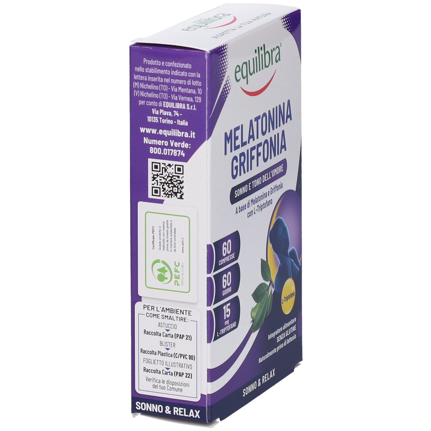 Vista laterale della confezione Equilibra Melatonina + Griffonia. Contiene informazioni e QR code. Viola e bianco.