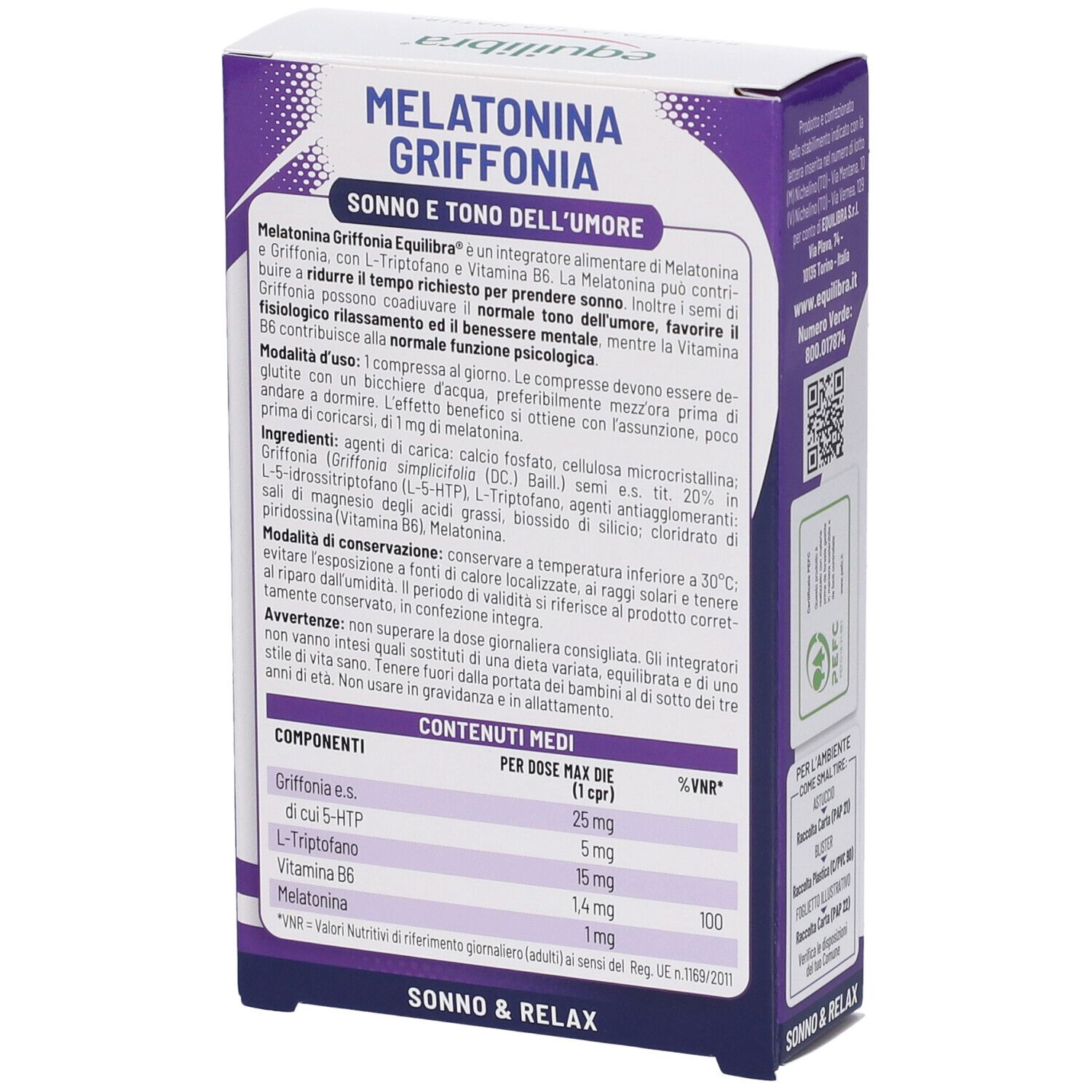 Retro della confezione Equilibra Melatonina + Griffonia. Contiene ingredienti e informazioni nutrizionali. Viola e bianco.
