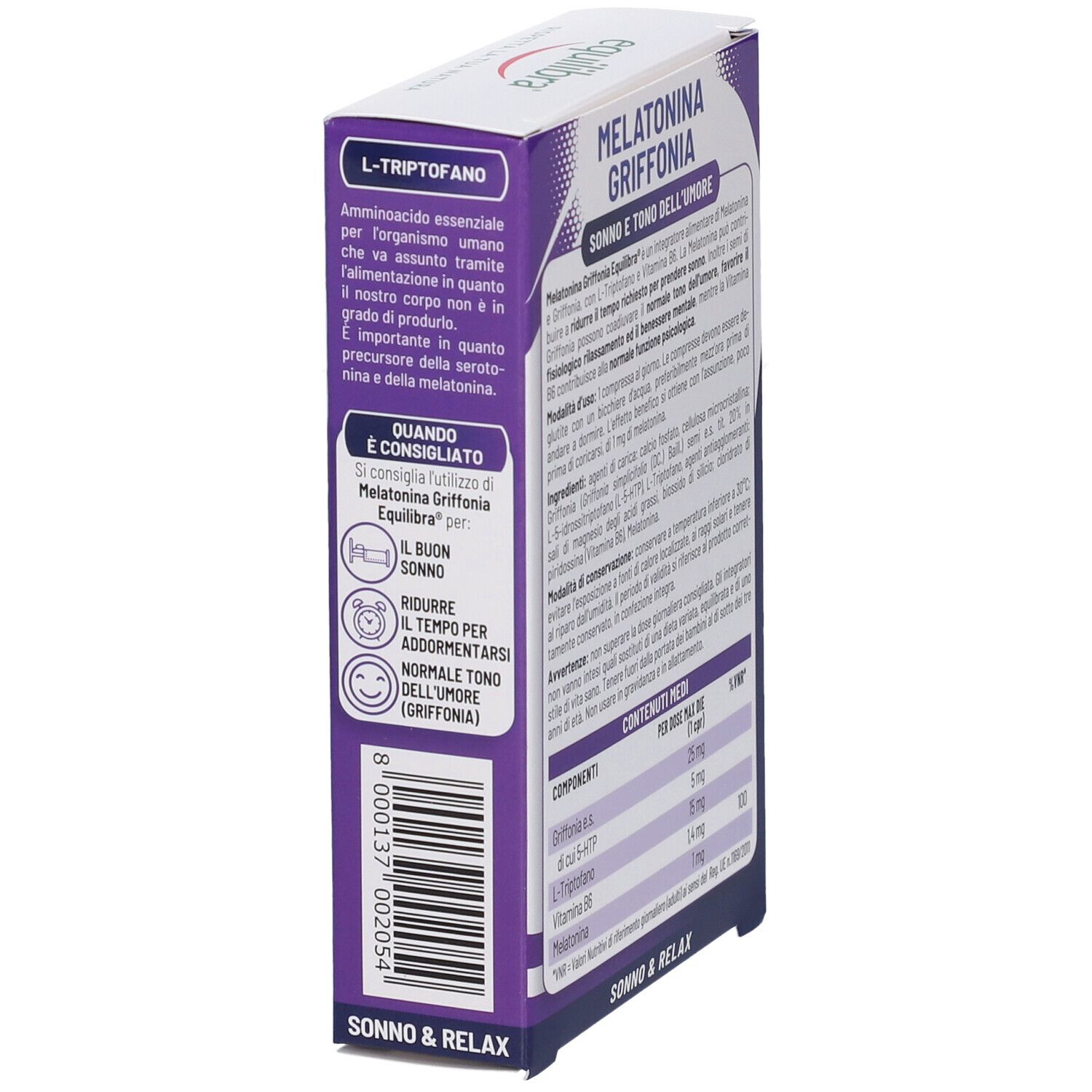 Lato della confezione Equilibra Melatonina + Griffonia. Contiene informazioni sul L-Triptofano. Viola e bianco.