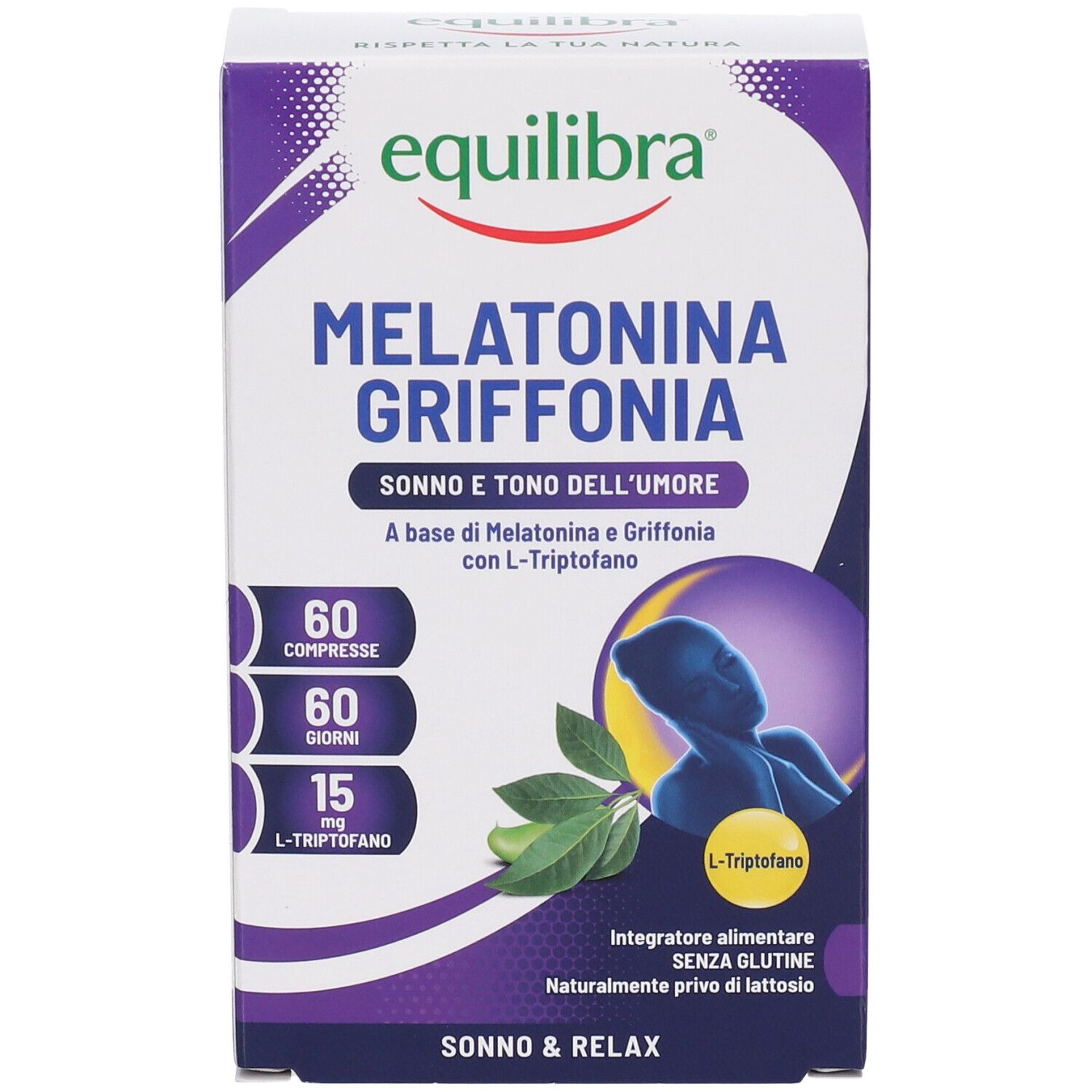 Confezione Equilibra Melatonina + Griffonia. Contiene 60 compresse, 60 giorni, 15 mg L-Triptofano. Viola e bianco.