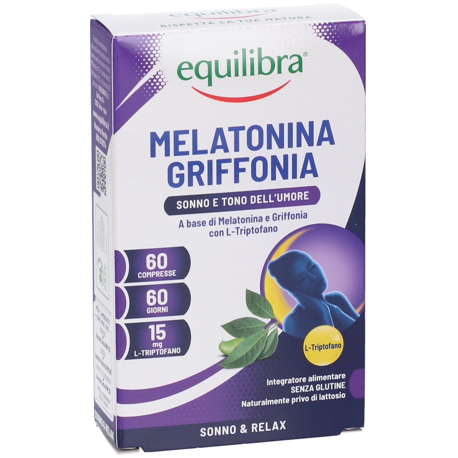 Confezione Equilibra Melatonina + Griffonia. Contiene 60 compresse, 60 giorni, 15 mg L-Triptofano. Viola e bianco.