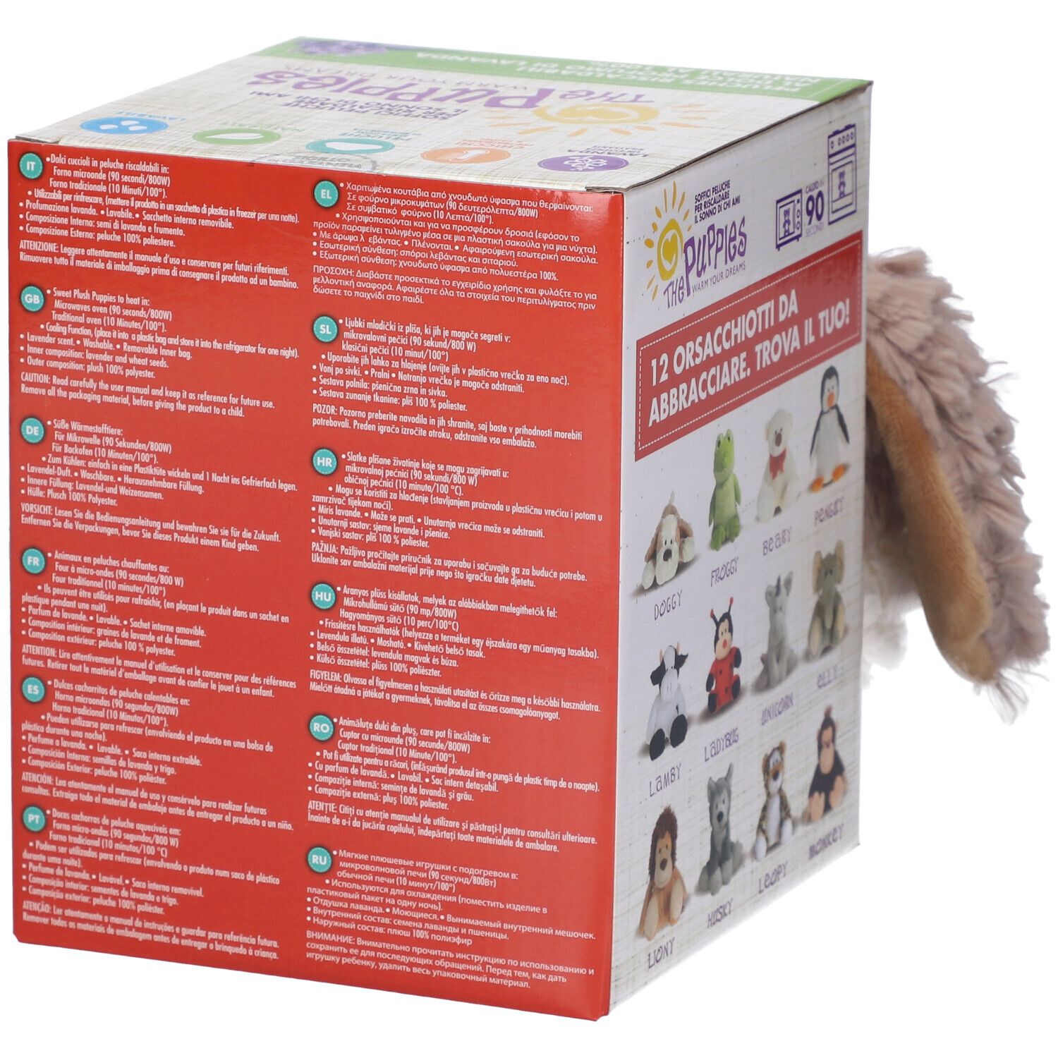 Retro di una scatola di cartone con informazioni sul prodotto in italiano. Immagini di 12 diversi peluche.