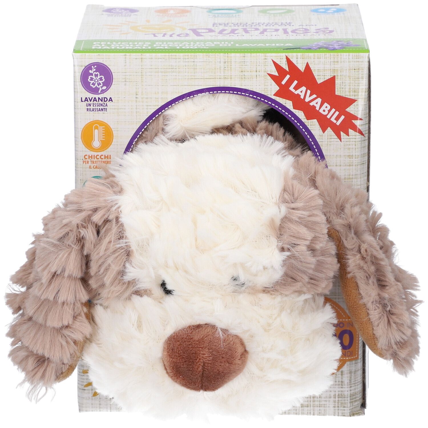 Cagnolino di peluche parzialmente in una scatola di cartone. La scatola mostra informazioni sul prodotto e il logo "The Puppies".