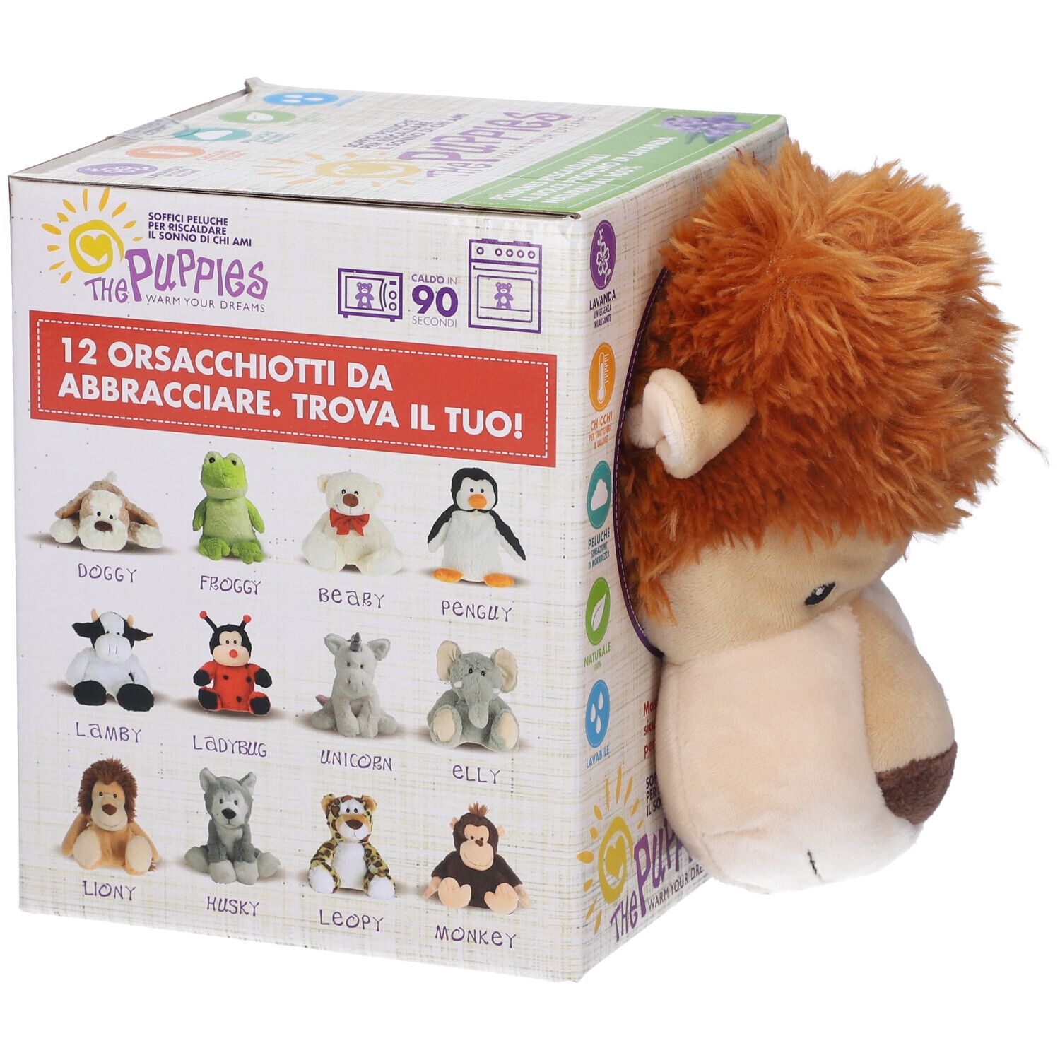 Confezione con illustrazione di 12 peluche diversi. Un leone di peluche spunta dalla confezione.