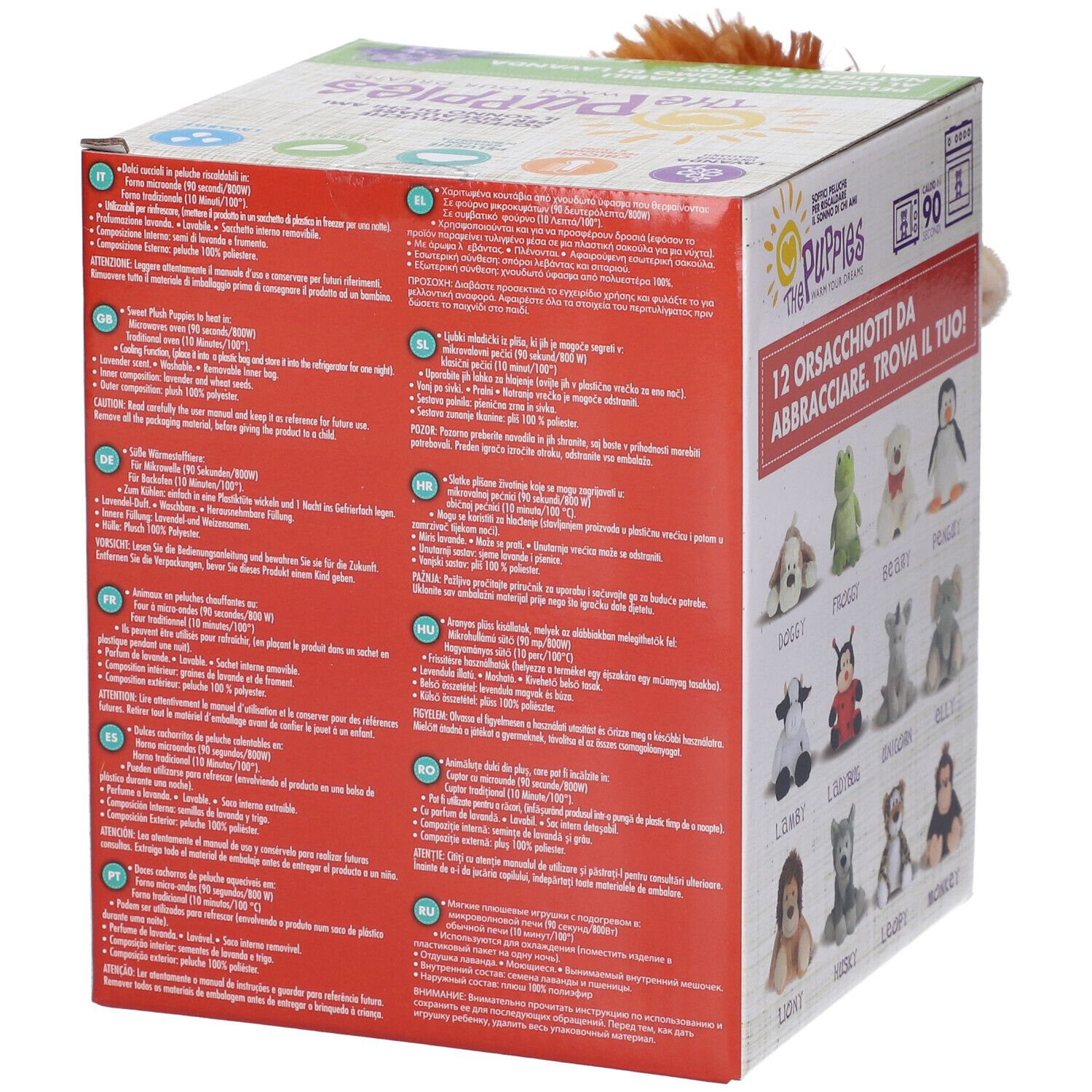 Retro della confezione con testo in più lingue. Illustrazioni di 12 peluche.