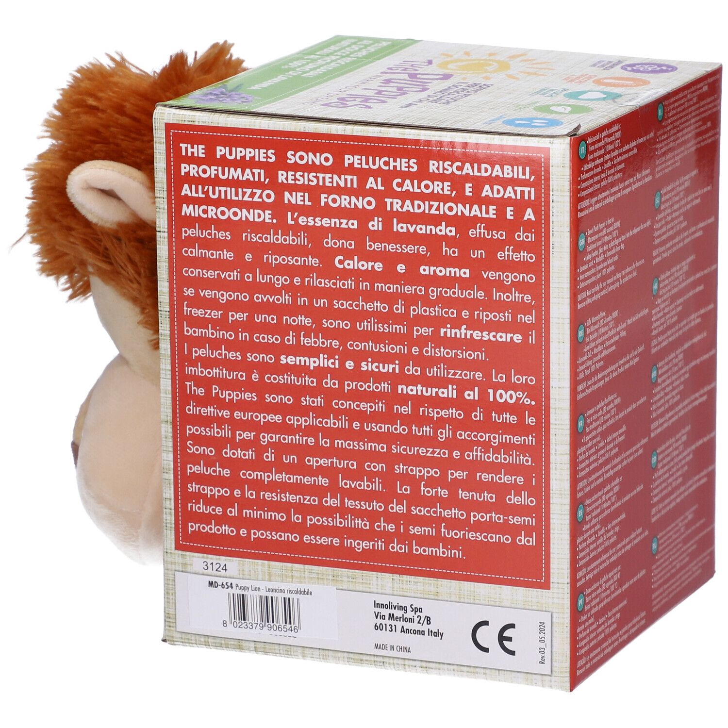 Confezione con testo. Un leone di peluche spunta dalla confezione.