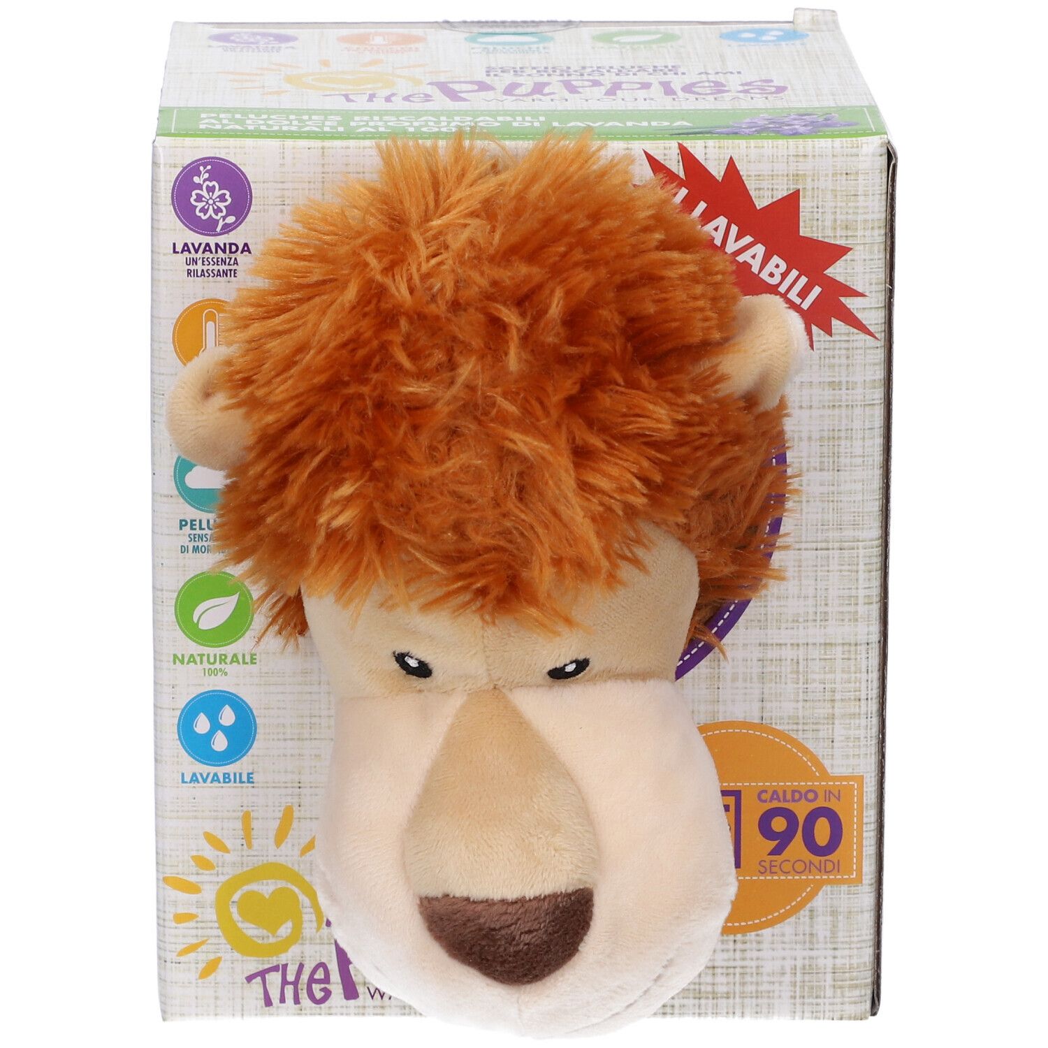 Peluche a forma di leone parzialmente fuori dalla confezione. Confezione con testo e loghi. Scritta: "Caldo in 90 secondi".