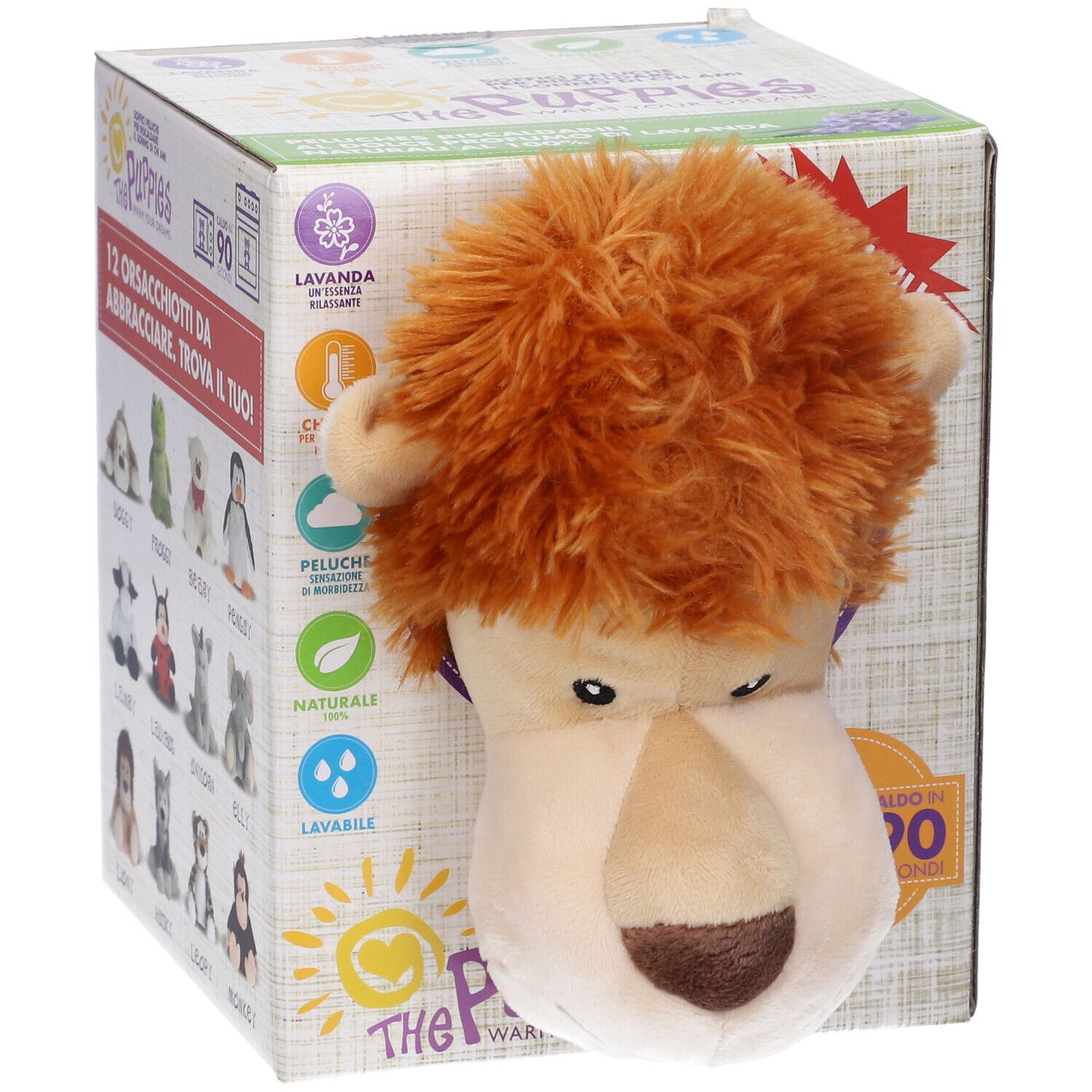 Confezione con un leone di peluche. Sulla confezione sono visibili illustrazioni di 12 peluche.