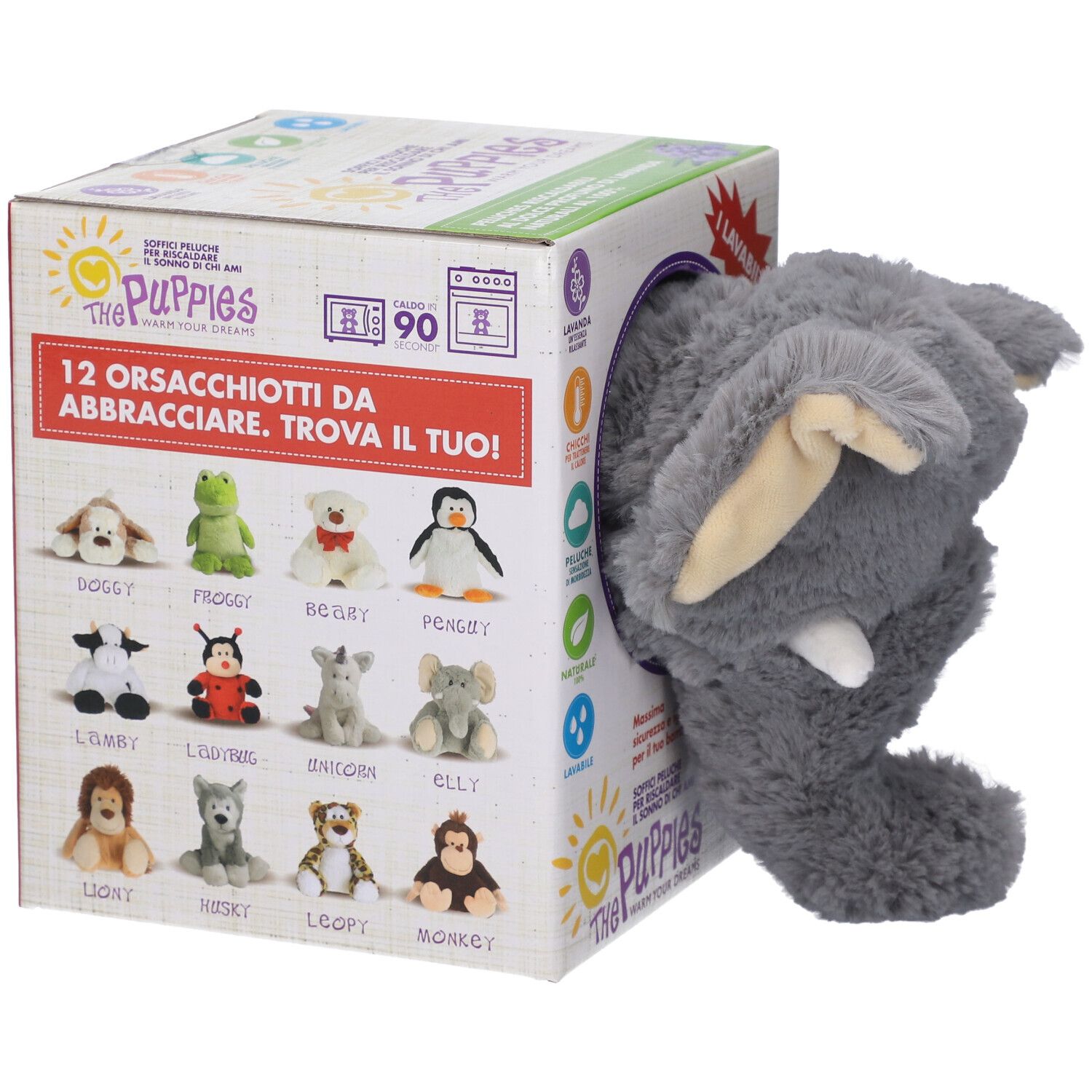 Confezione con illustrazioni di 12 diversi peluche. Peluche elefante grigio che esce dalla confezione.