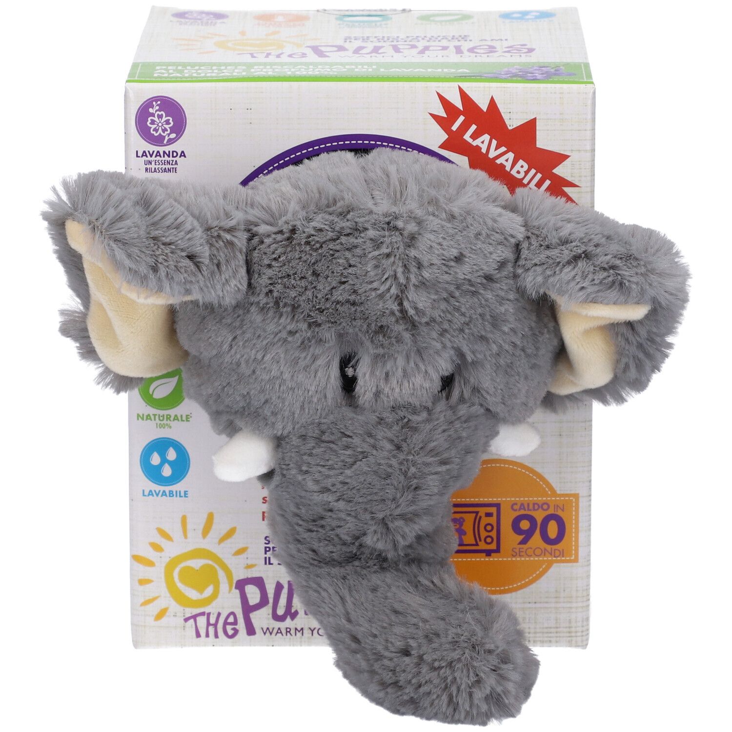Peluche elefante grigio con zanna bianca, dalla confezione. Confezione con nome prodotto e logo lavanda.
