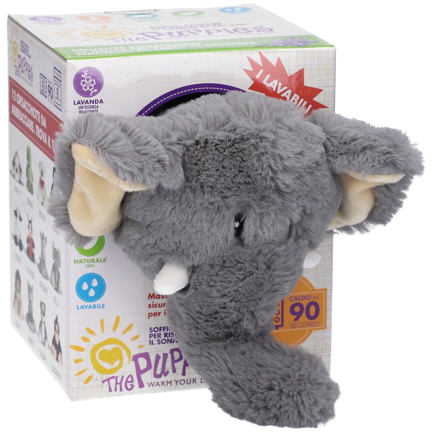 Peluche elefante grigio con zanna bianca, dalla confezione. Confezione con nome prodotto e logo lavanda.